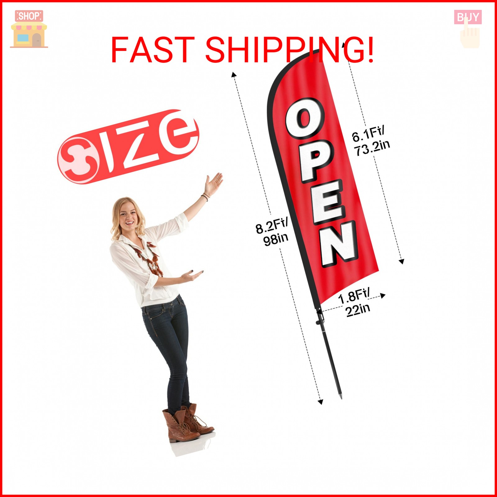 Feather Flag for Business with Pole and Ground Stake – 8ft Open Sign Advertising