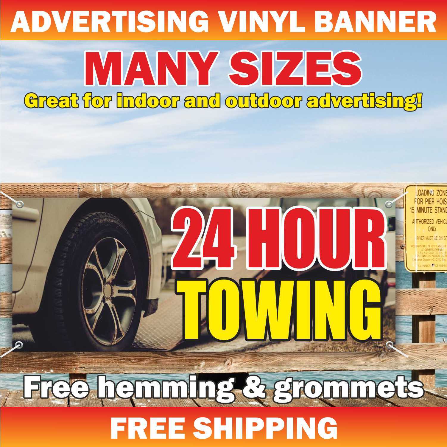 24 HOUR TOWING Advertising Banner Vinyl Mesh Sign Auto Repair Shop Service Help