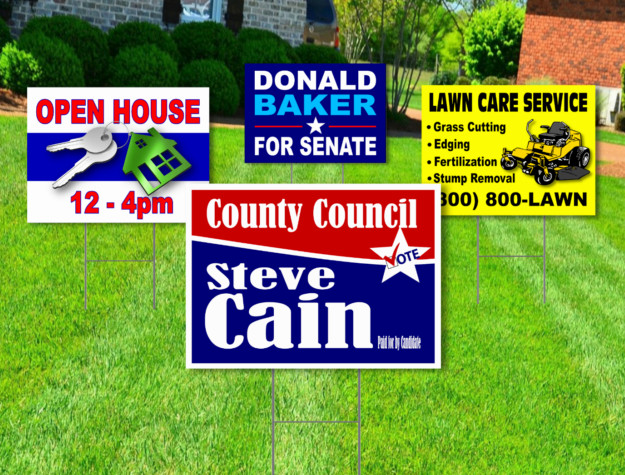 100 – 18×24 Yard Signs – Custom Design – Full Color – 2 Sided – Stakes Included!