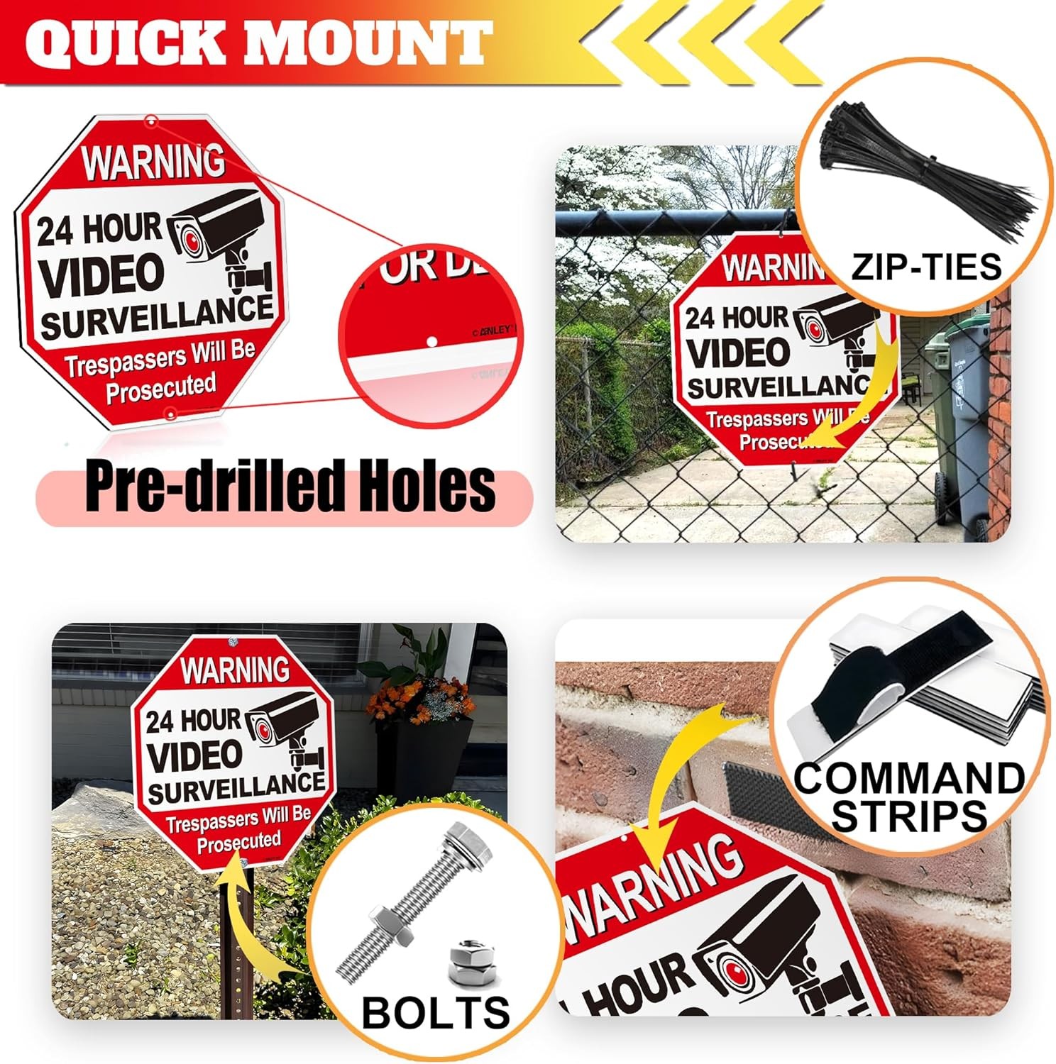 Anley 24 Hour Video Surveillance Signs Aluminum Warning Sign Security Alert