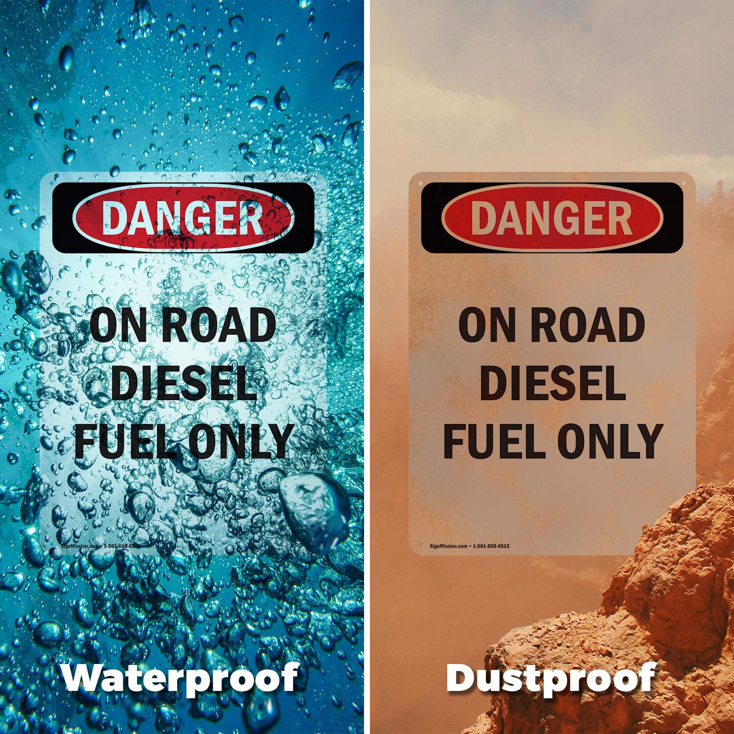 (2 Pack) Portrait On Road Diesel Fuel Only OSHA Danger Sign Decal Metal Plastic