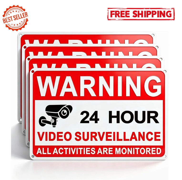4 Pack Video Surveillance Signs 24 Hour Camera Warning Metal 8×12 Inch