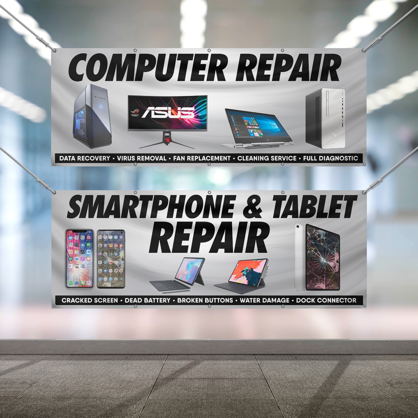 Computer Repair Banner Set Phone Tablet Repair Shop Sign 8×3 Vinyl (2 Banners)