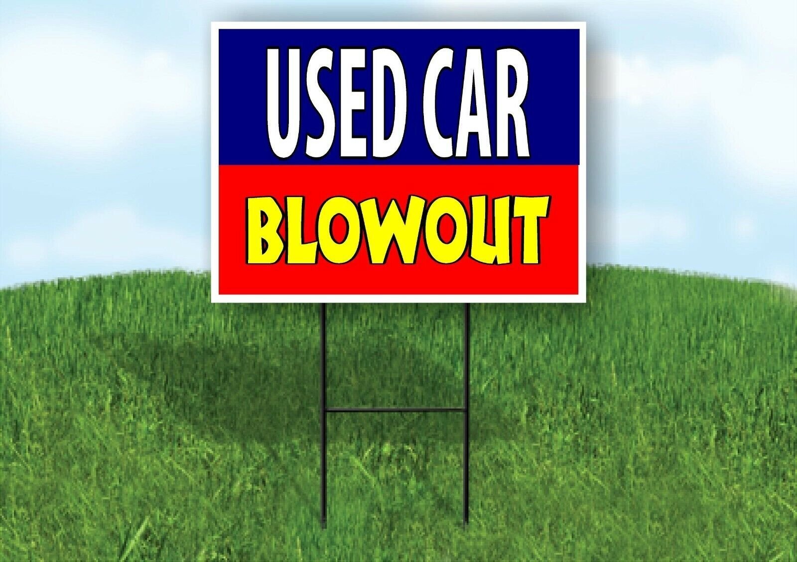 USED CAR BLOWOUT BLUE RED Yard Sign with Stand LAWN SIGN