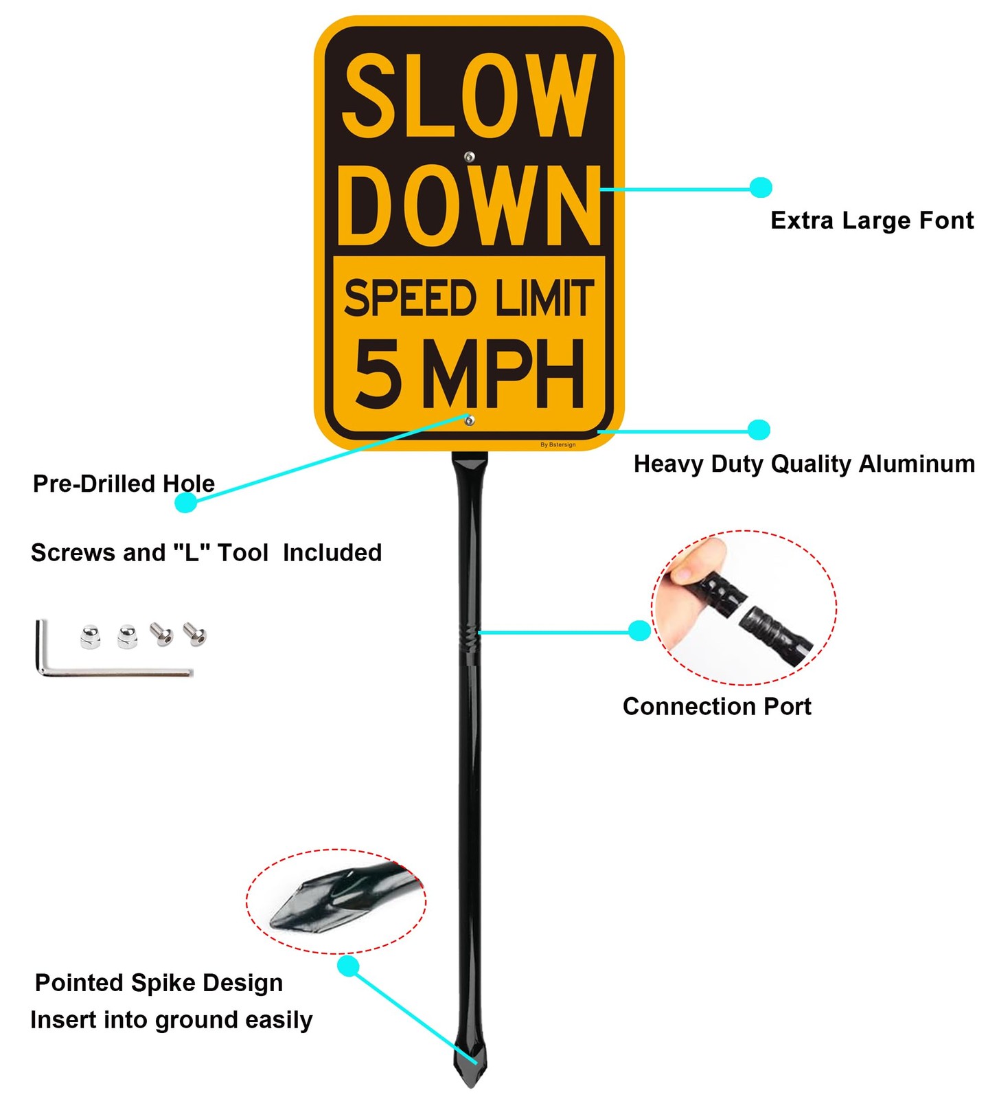 2 Pack Slow Down Speed Limit 5 MPH Sign With 36 Inch Heavy Metal Stake Kit
