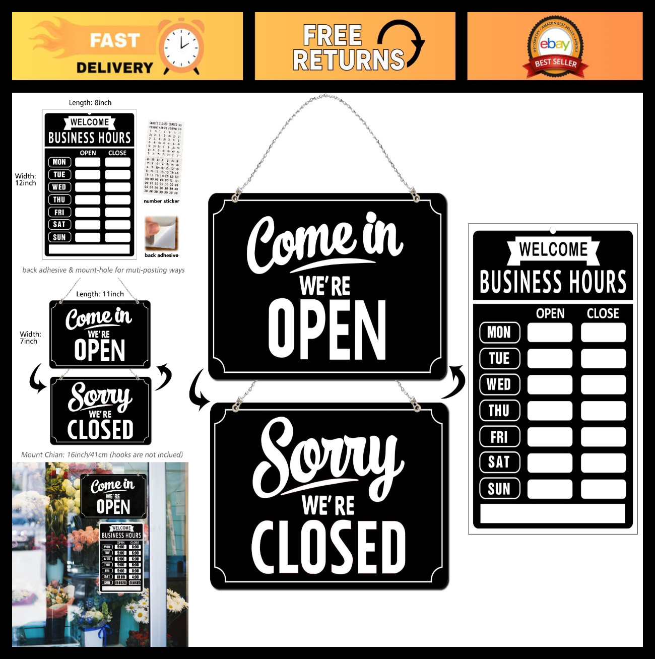 Open Closed Signs Set for Business Hours – Flip Sign for Store, Restaurant, Bar