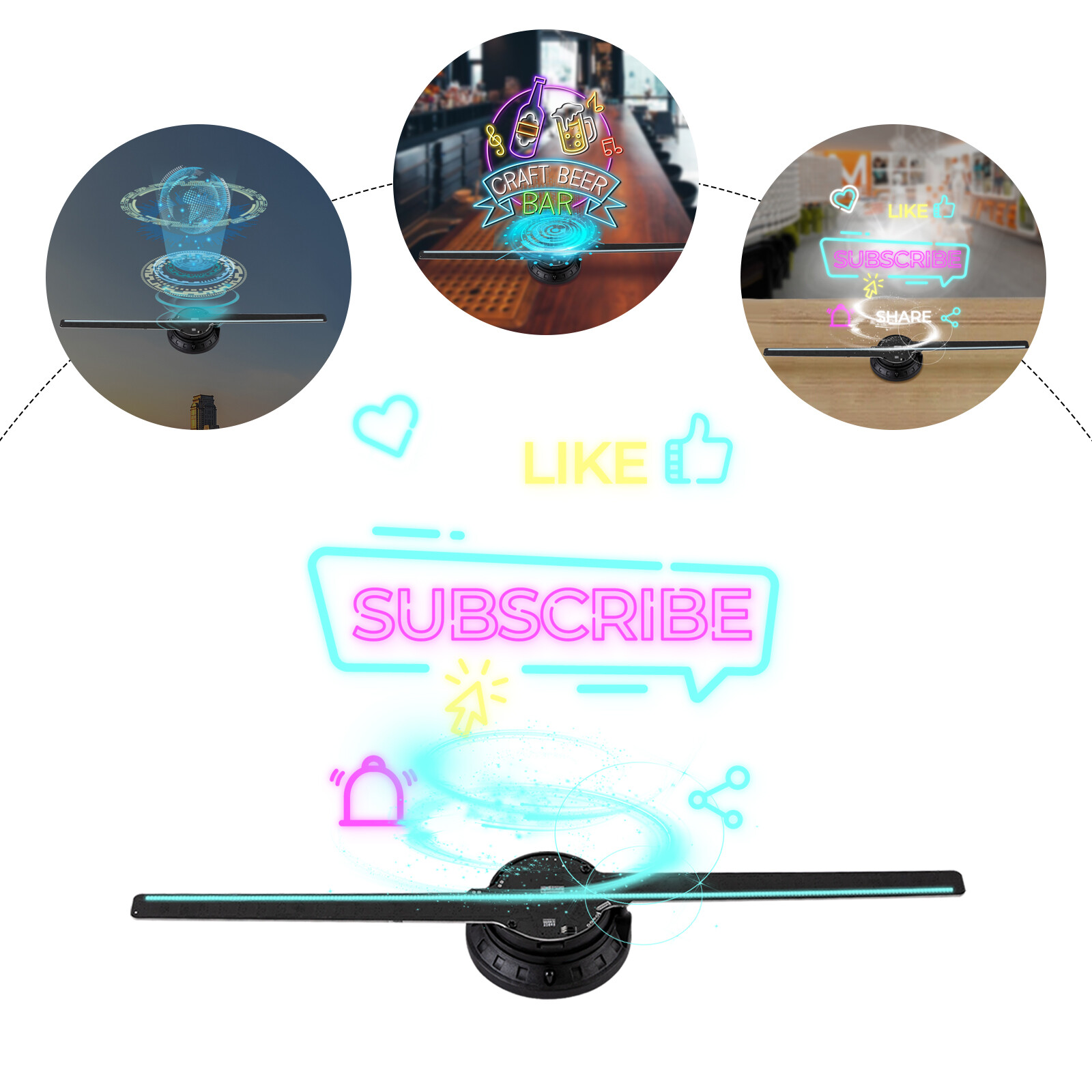 3D 1080P LED Holographic Fan Hologram Fan Projector Light RGB Sign Bar w/Control
