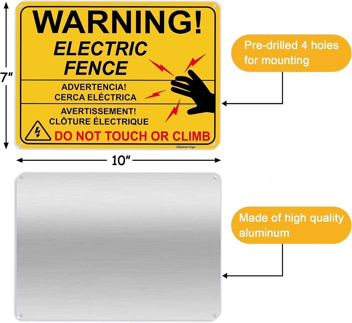 Electric Fence Warning Sign, Metal s, 10” x 7”, 2 Pack