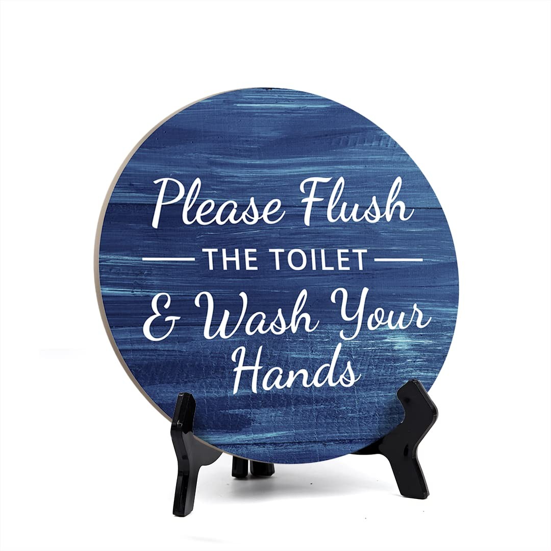 5×5 Inch Round Please Flush The Toilet Wash Your Hands Wood Bathroom Table Sign