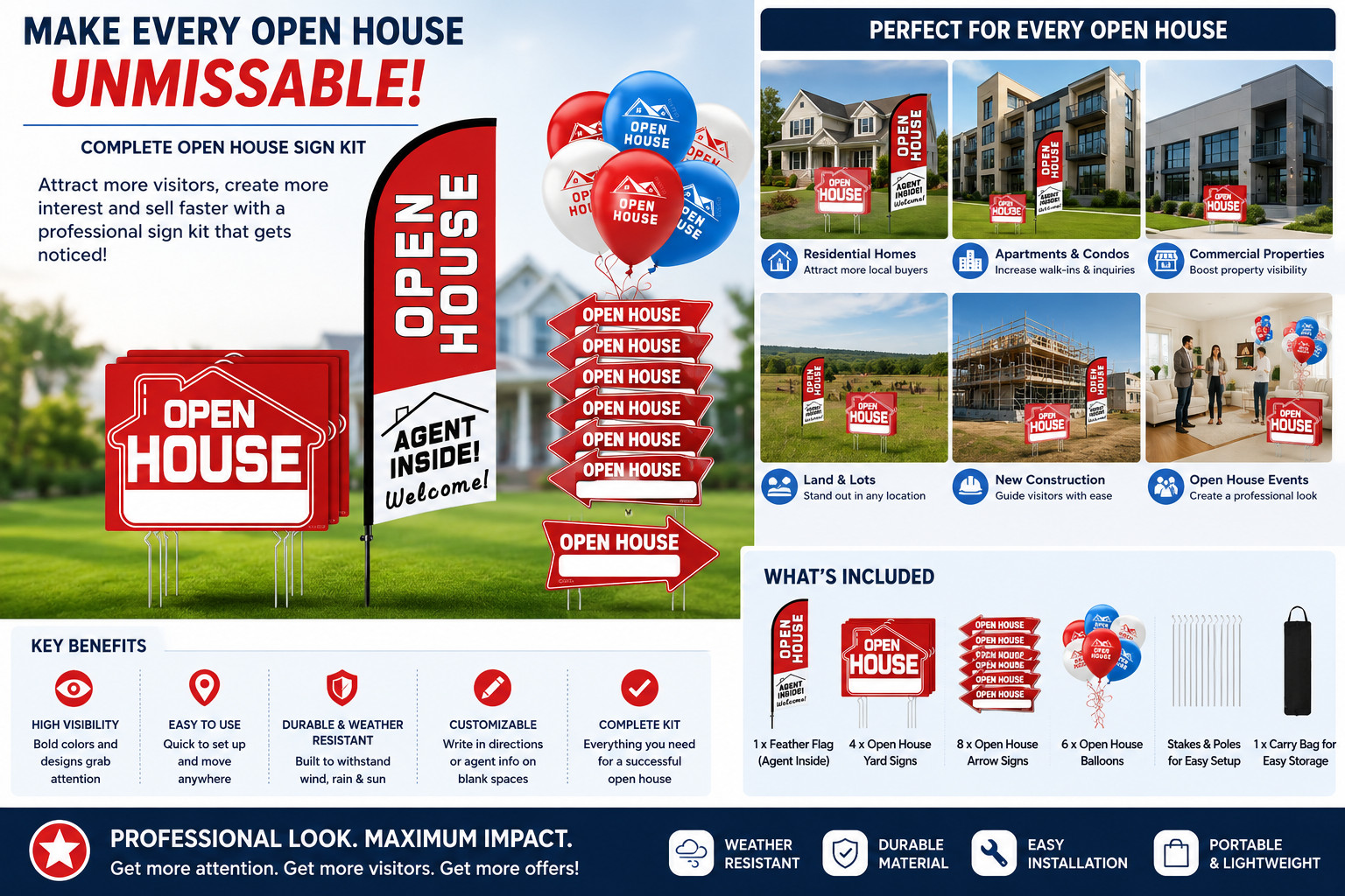 Open House Signs Kit (45 Pcs), 1 Pack Open House Flag, 9 Pack Open House Signs f