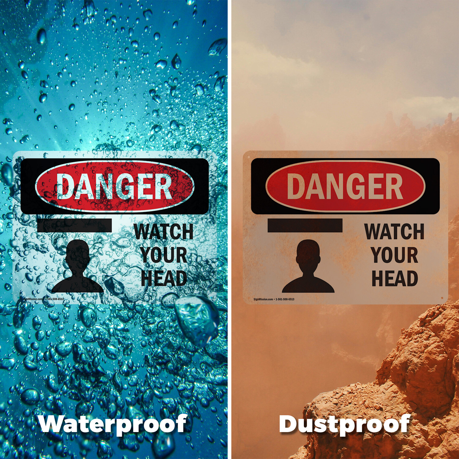 (2 Pack) Watch Your Head OSHA Danger Sign Decal Metal Plastic