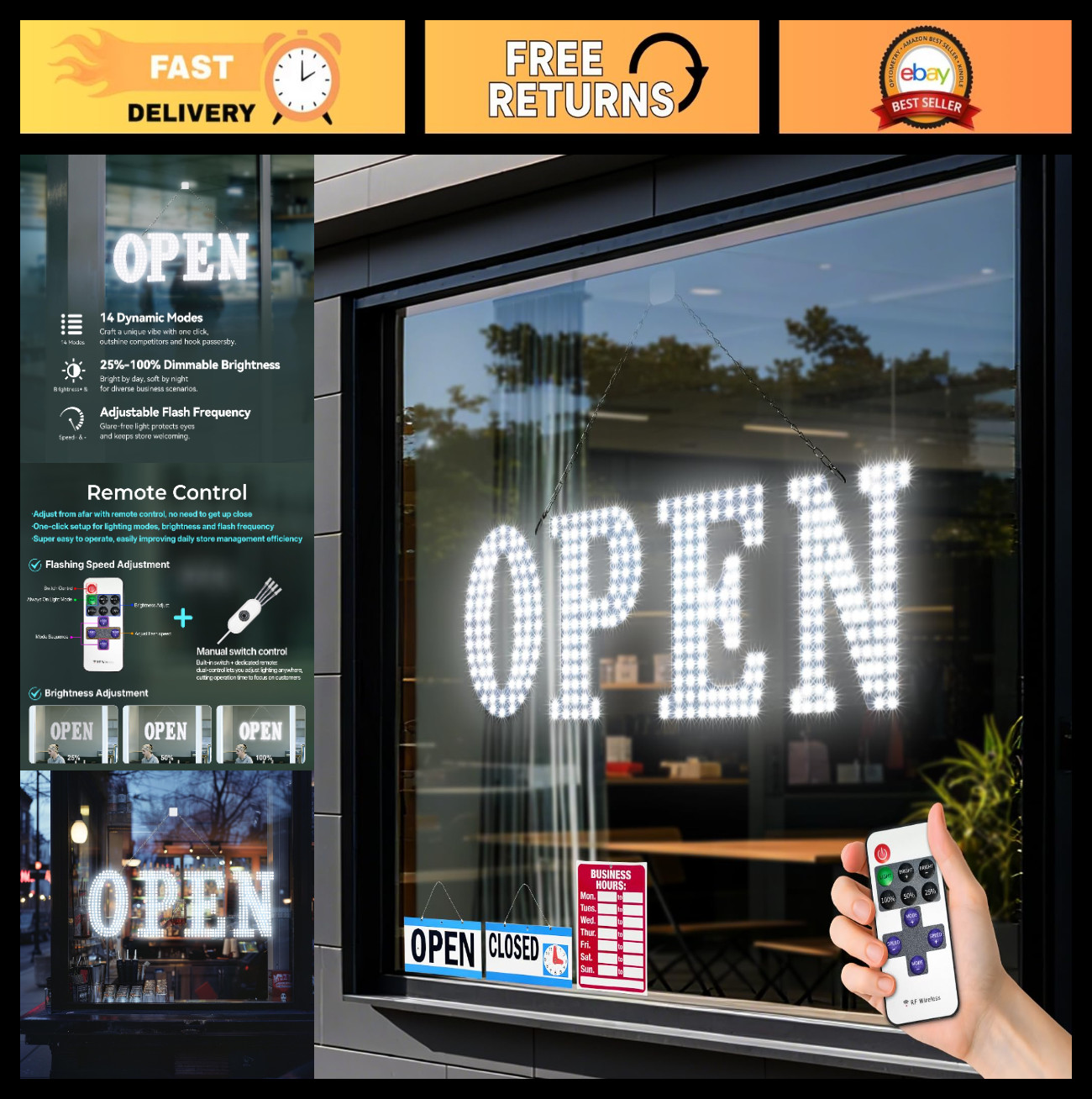 Large LED Open Sign for Business – 30″x10″ Bright Flashing Remote Control, 14 Mo