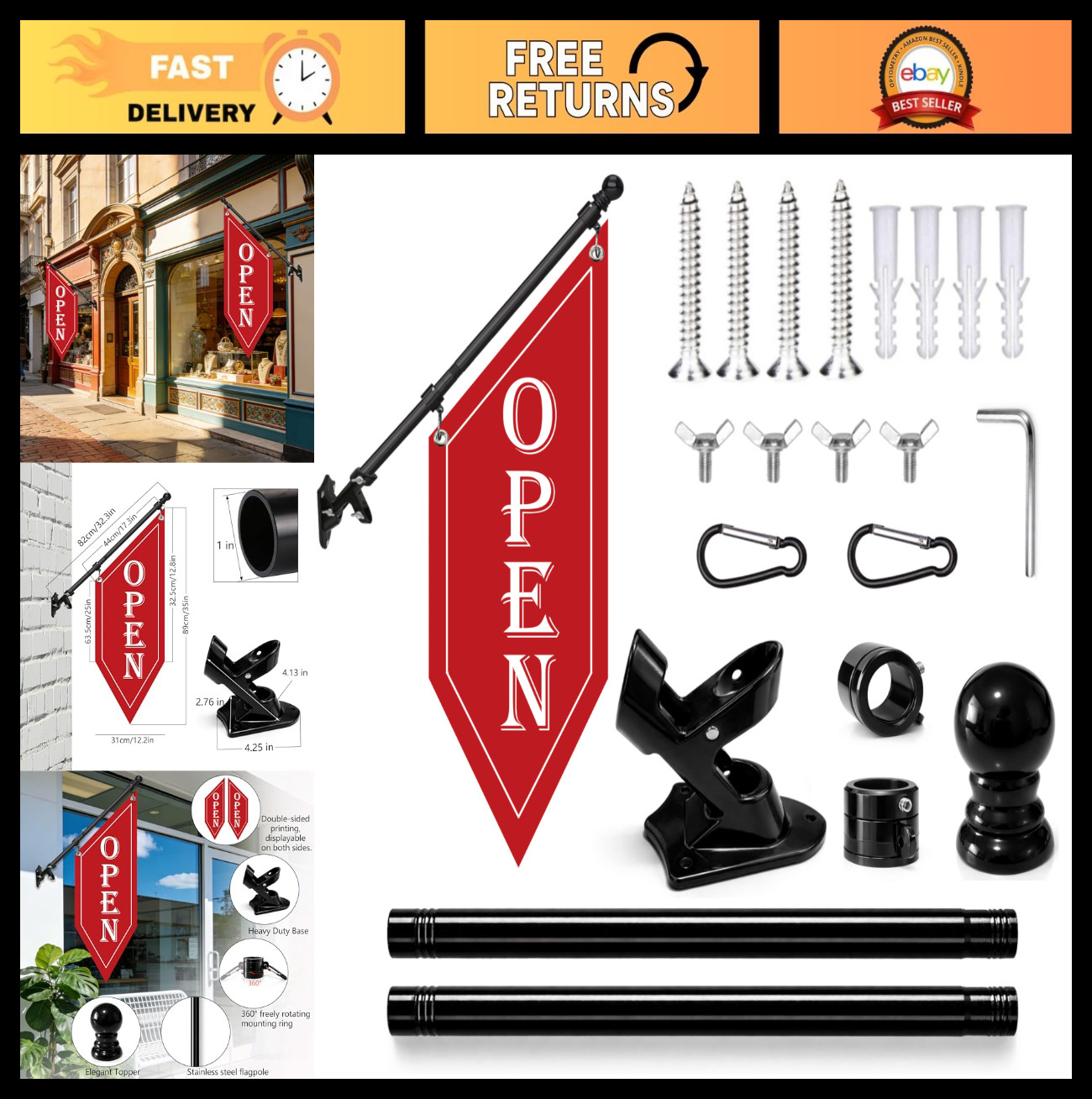 Double-Sided OPEN Flag with Pole Kit – Heavy Duty Outdoor Banner Sign for Shops