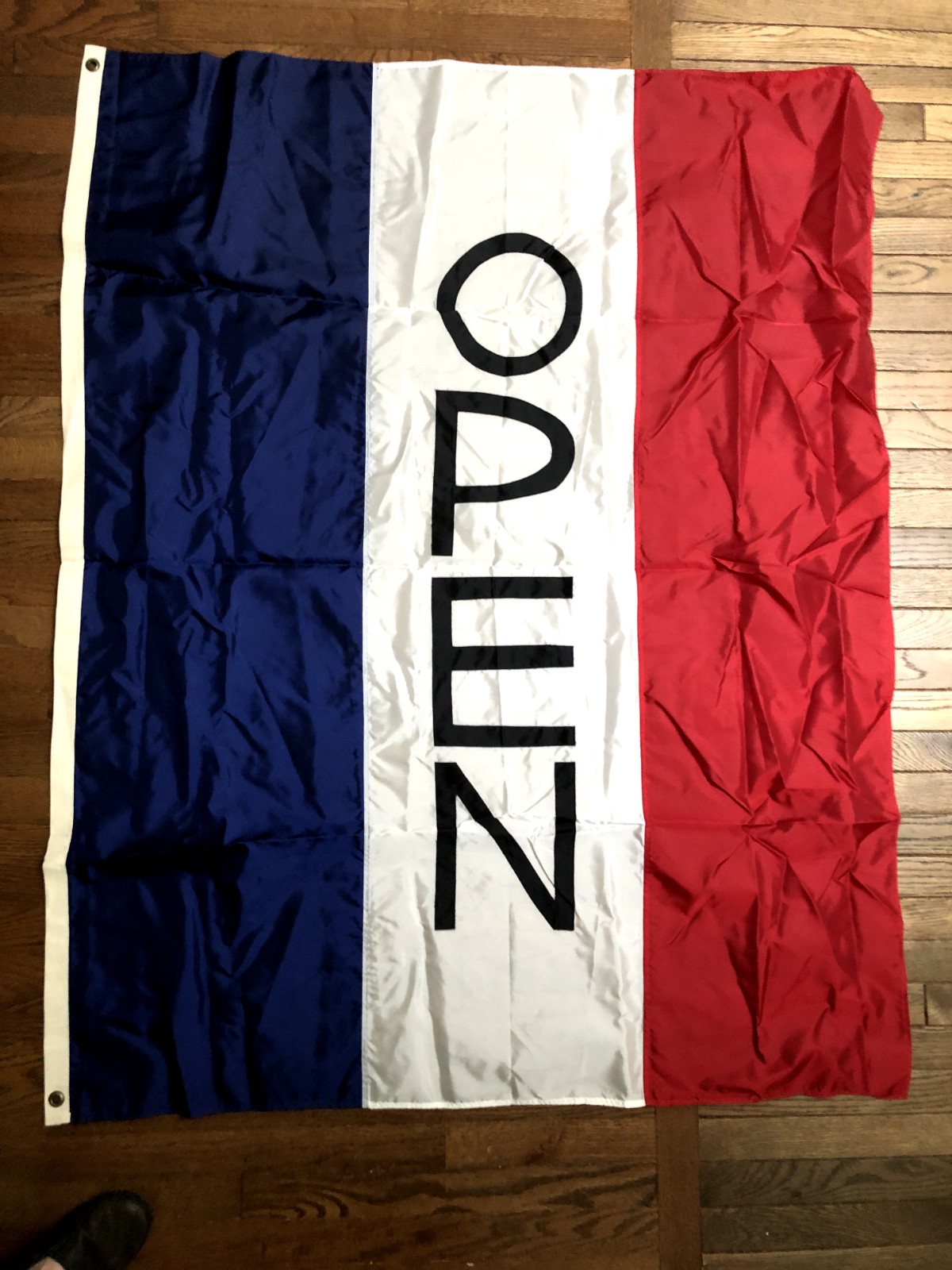 “OPEN” and “WELCOME” Flags ~3 1/2×5 feet Nylon with Brass Grommets Set of 2