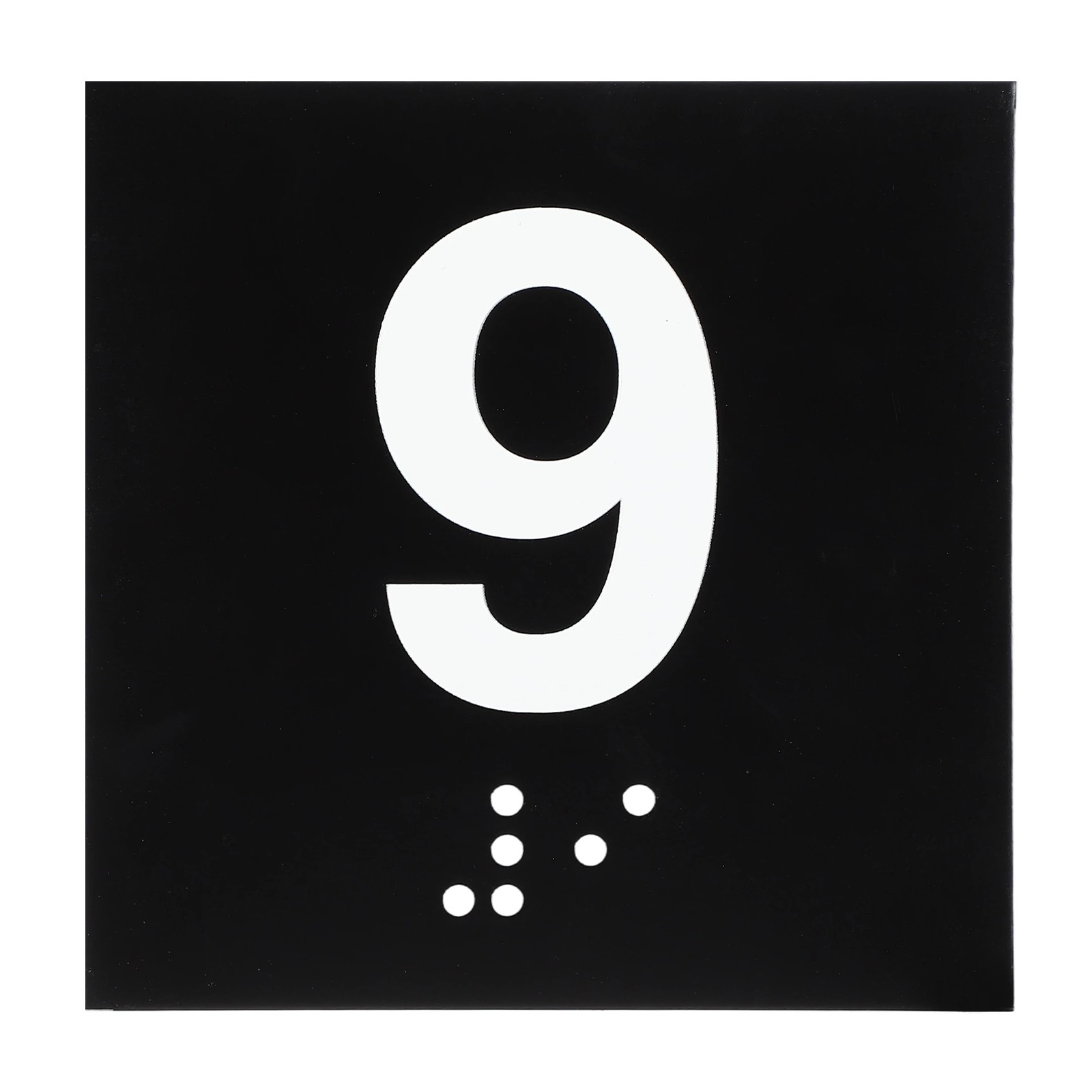 Exam Room Number Sign, 8″ x 8″ Number 9 Sign with Braille, White on Black