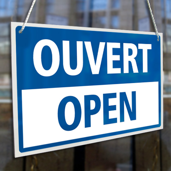 FRENCH & ENGLISH OPEN & CLOSED RIGID HANGING SIGN, SHOP WINDOW DOOR – ANY COLOUR