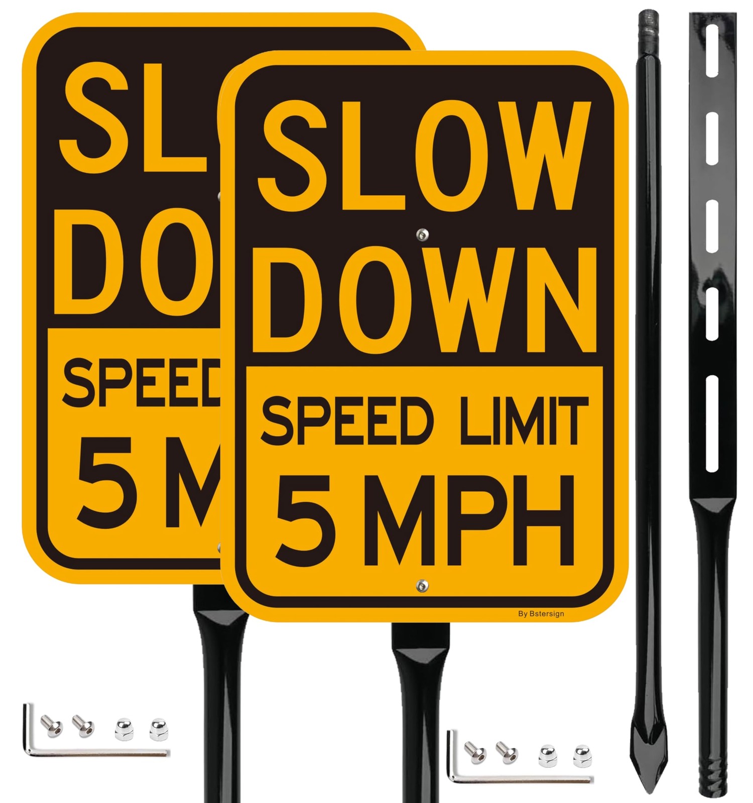 2 Pack Slow Down Speed Limit 5 MPH Sign With 36 Inch Heavy Metal Stake Kit