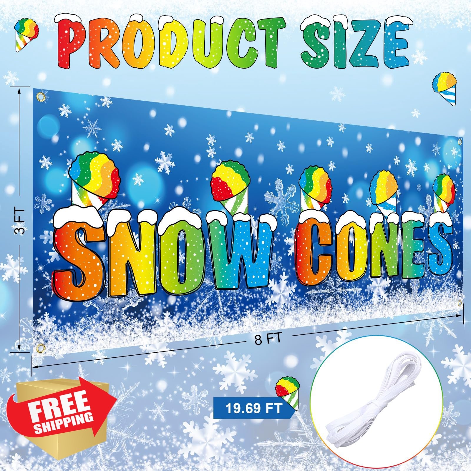 Remagr Snow Cones Polyester Banner Sign 3×8 ft Indoor Outdoor Business
