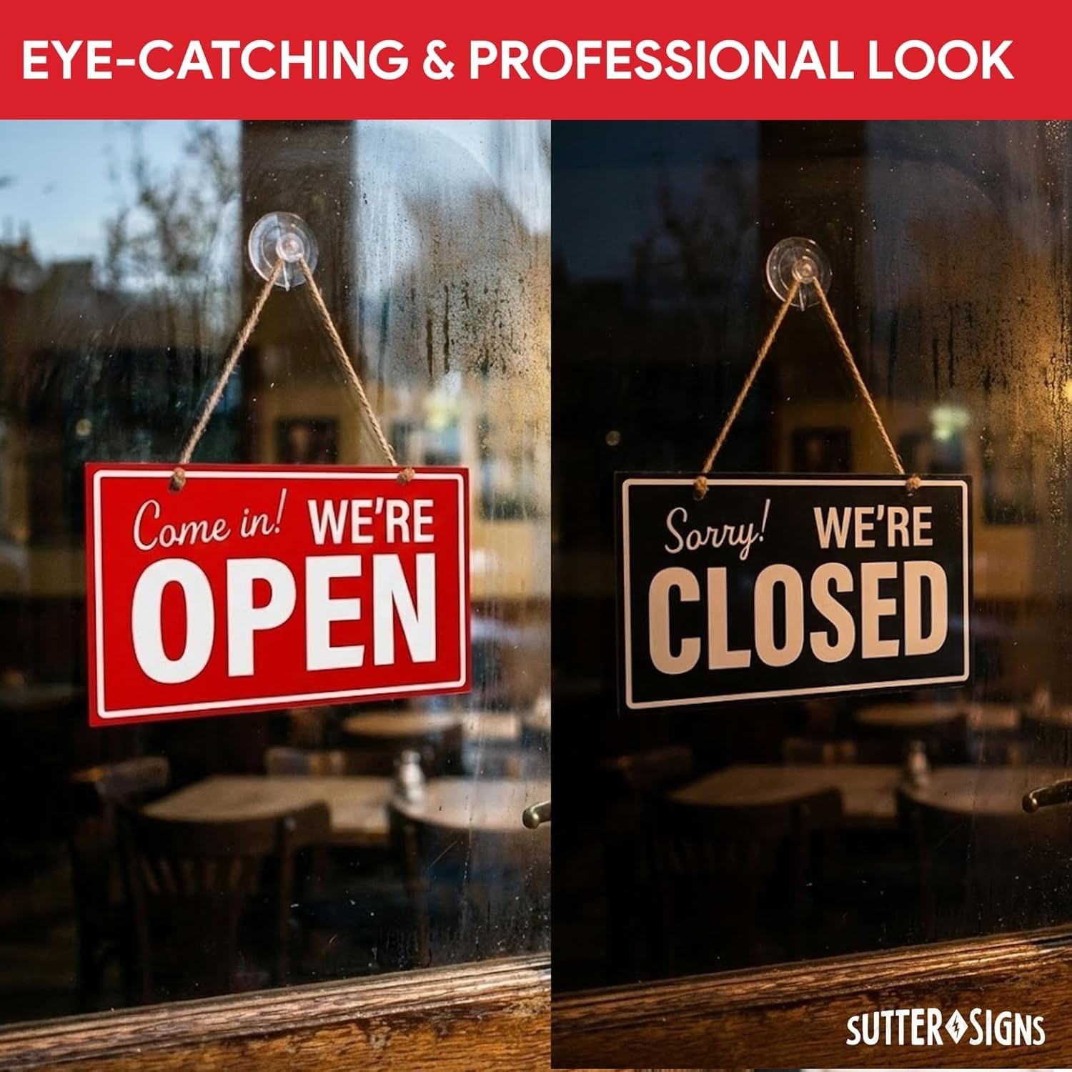 Open Closed Sign for Business, 10″ X 6″ Double Sided Plastic Sign with Twine, Su