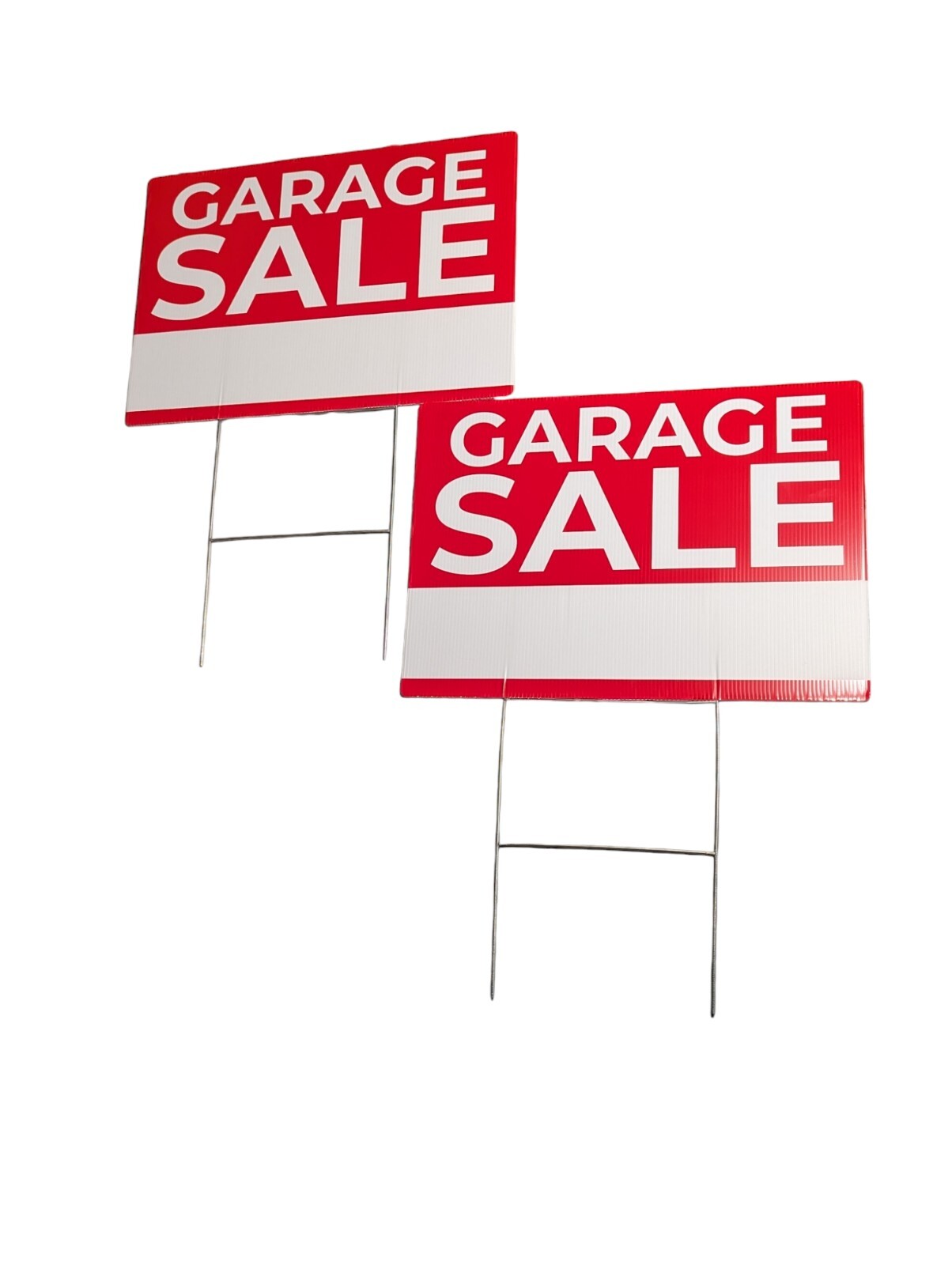 2 Pack Garage Sale Signs 17″x12″ Weather Resistant Plastic With 16″ Stakes New