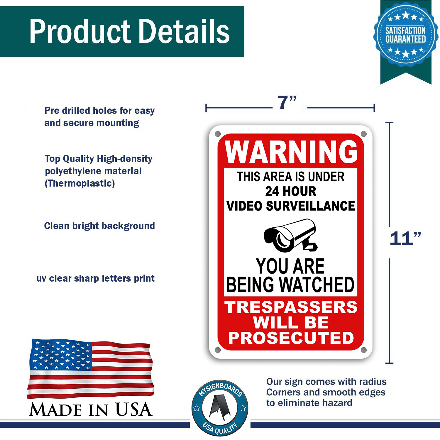 Warning Under 24 Hour Video Surveillance Sign Home Yard Security cctv WATCH 7×11