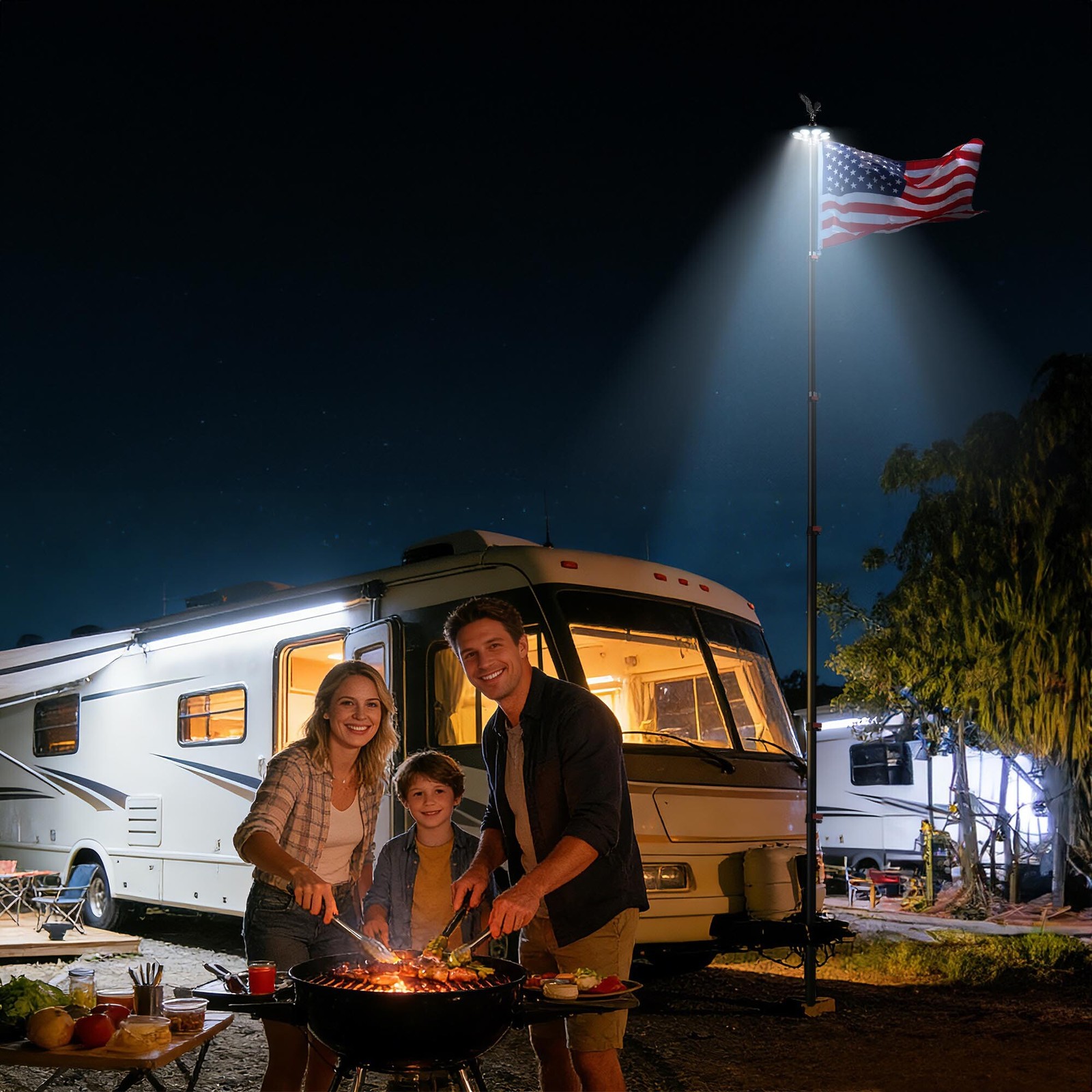 Yescom EZ GO 20′ Telescopic Flag Pole Kit Solar Light US Flag Eagle Topper Black