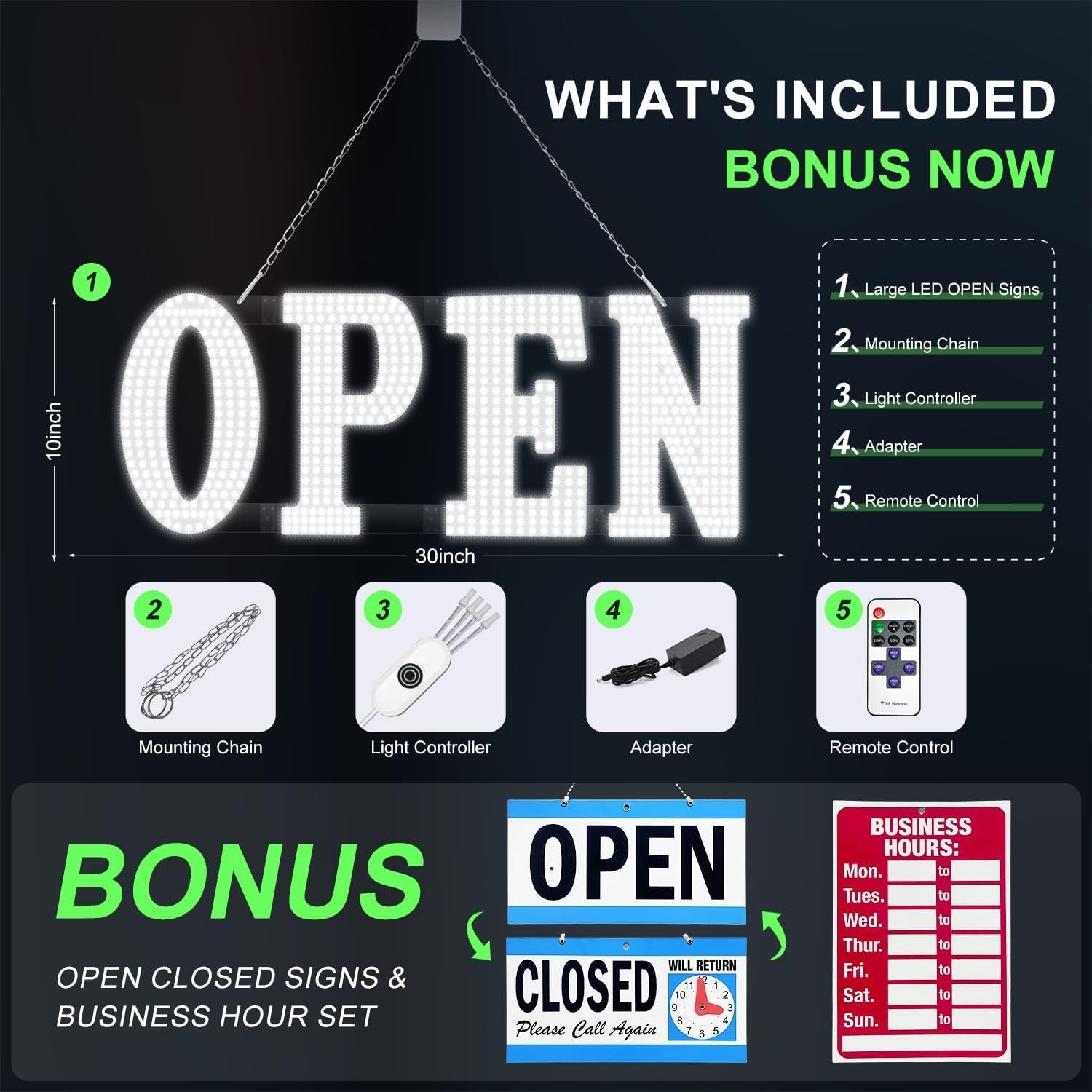 30″x10″ Large LED Open Signs for Buisness Super Bright Remote Control Hang Sign