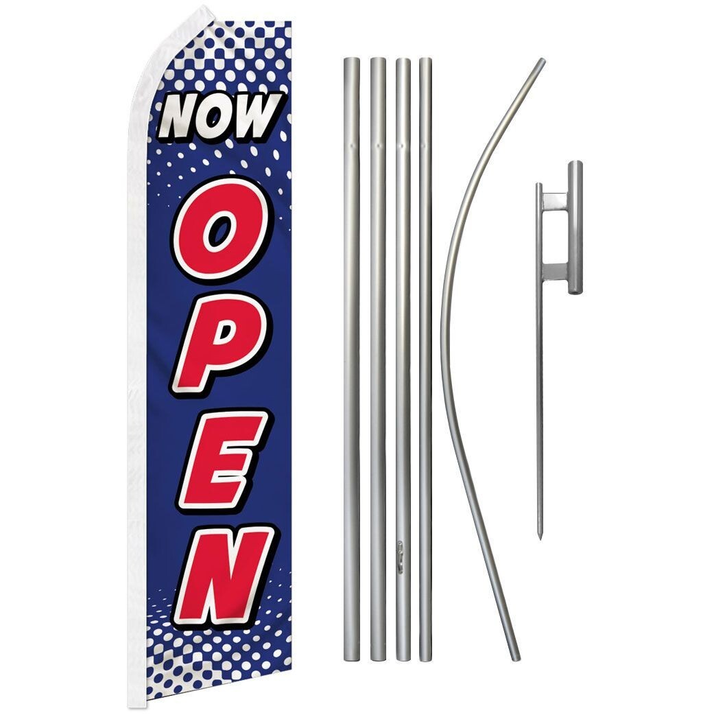 Now Open (Blue & White) Swooper Advertising Flag & Pole Kit