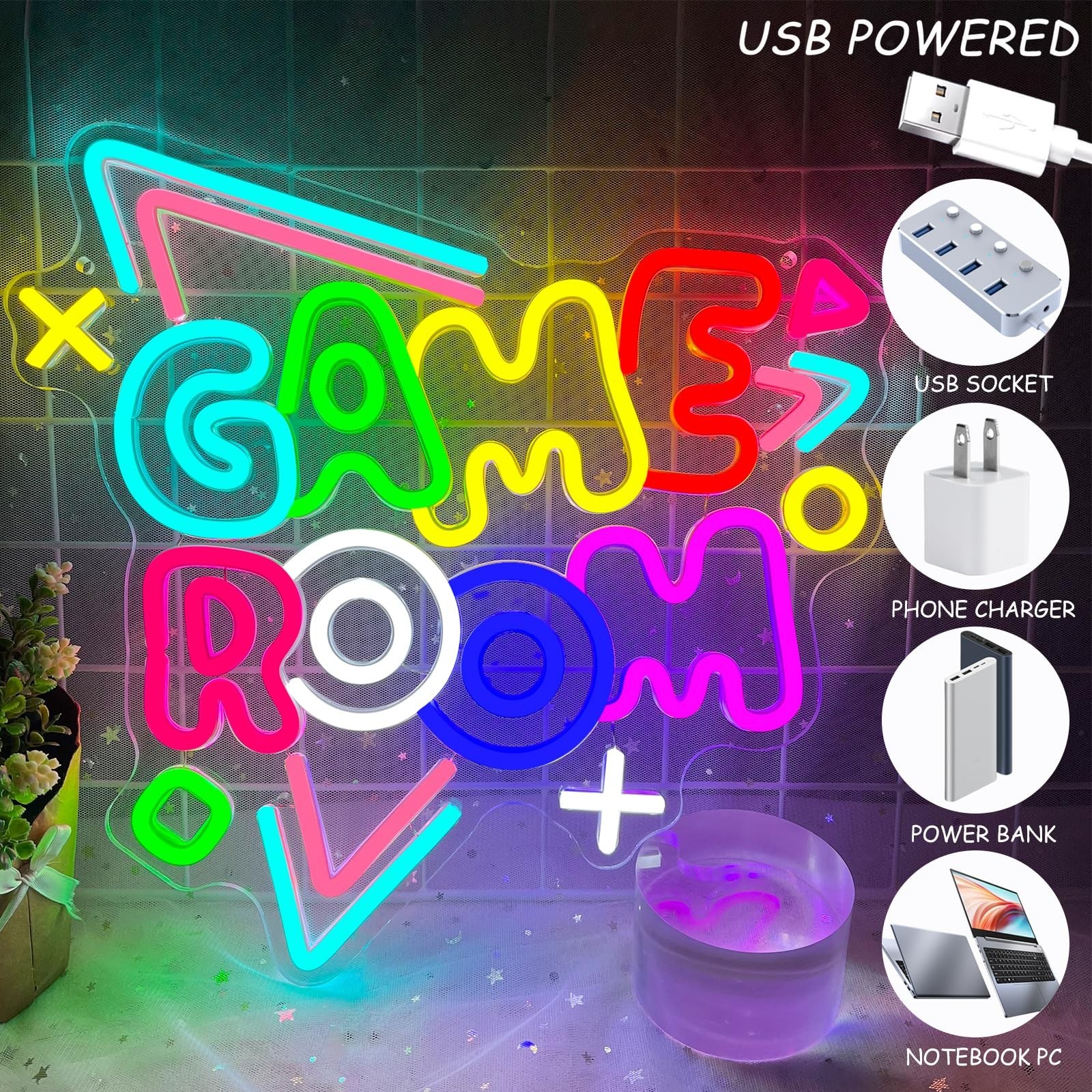 Game Room Neon Sign 13” x 13.6” Big Dimmable Gamer Led Neon Sign USB Powere…