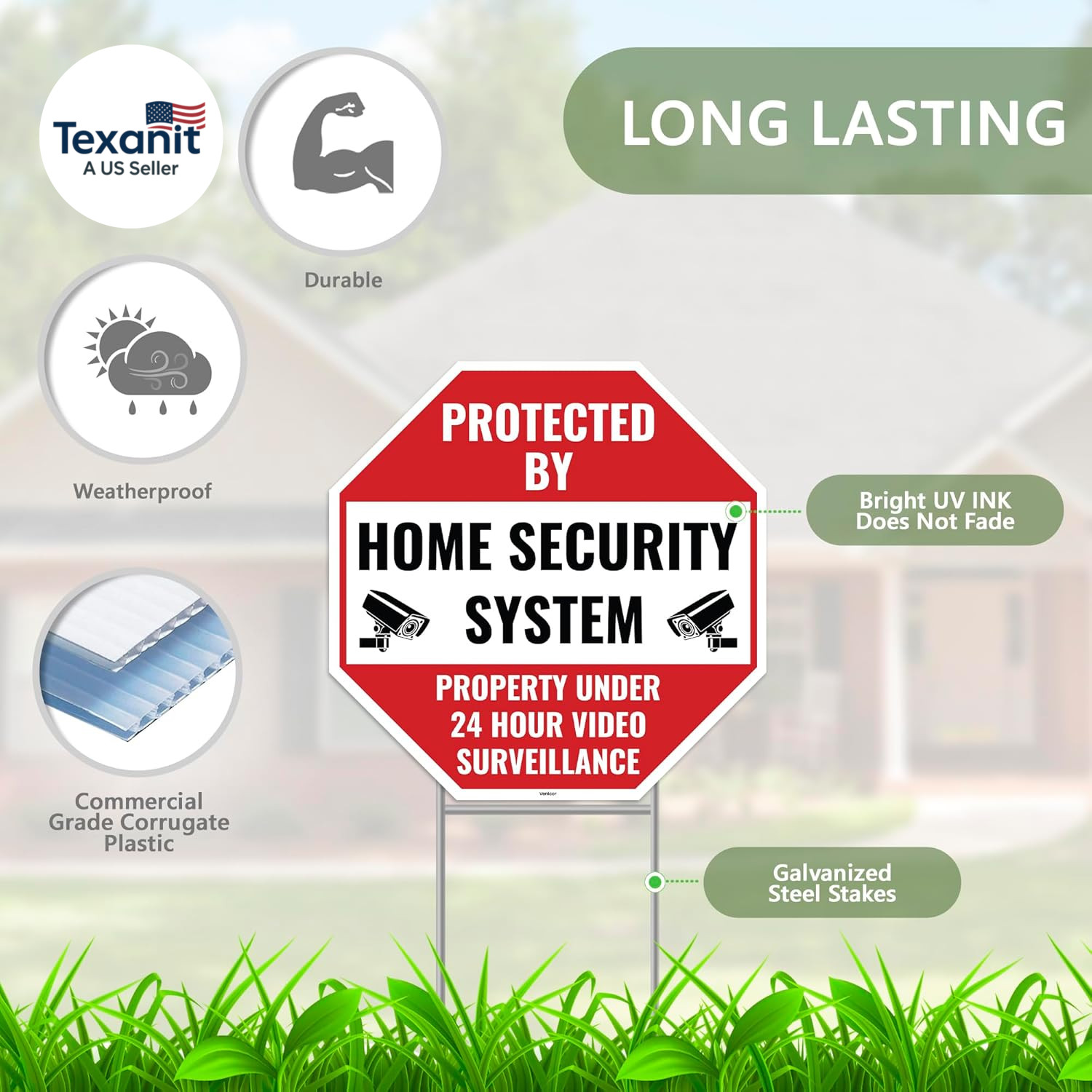 2PC 24 Home Security Signs with Stakes, 13″X13″ – Corrugated Plastic – Protected