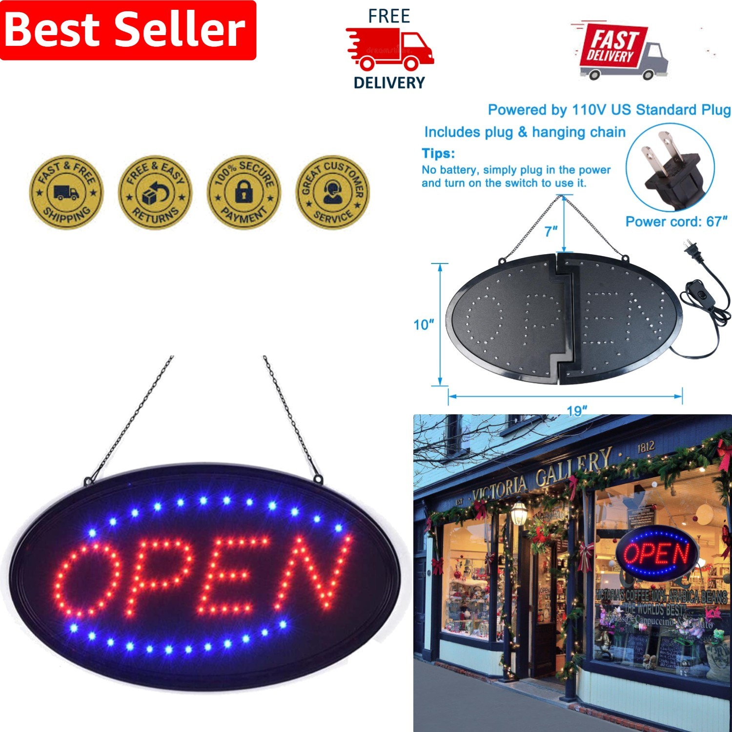 Attract Customers with 19″ x 10″ LED Open Sign – Wall-Mountable, Stylish Design