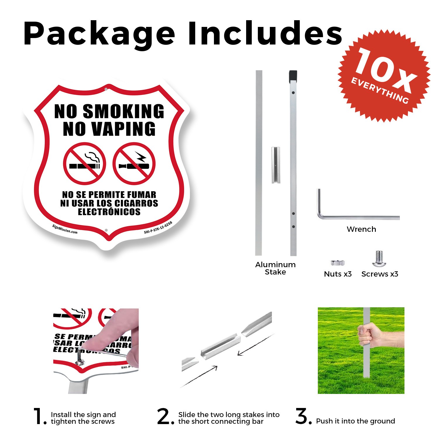 No Smoking No Vaping Bilingual English / Spanish Shield Shaped Sign With Stake