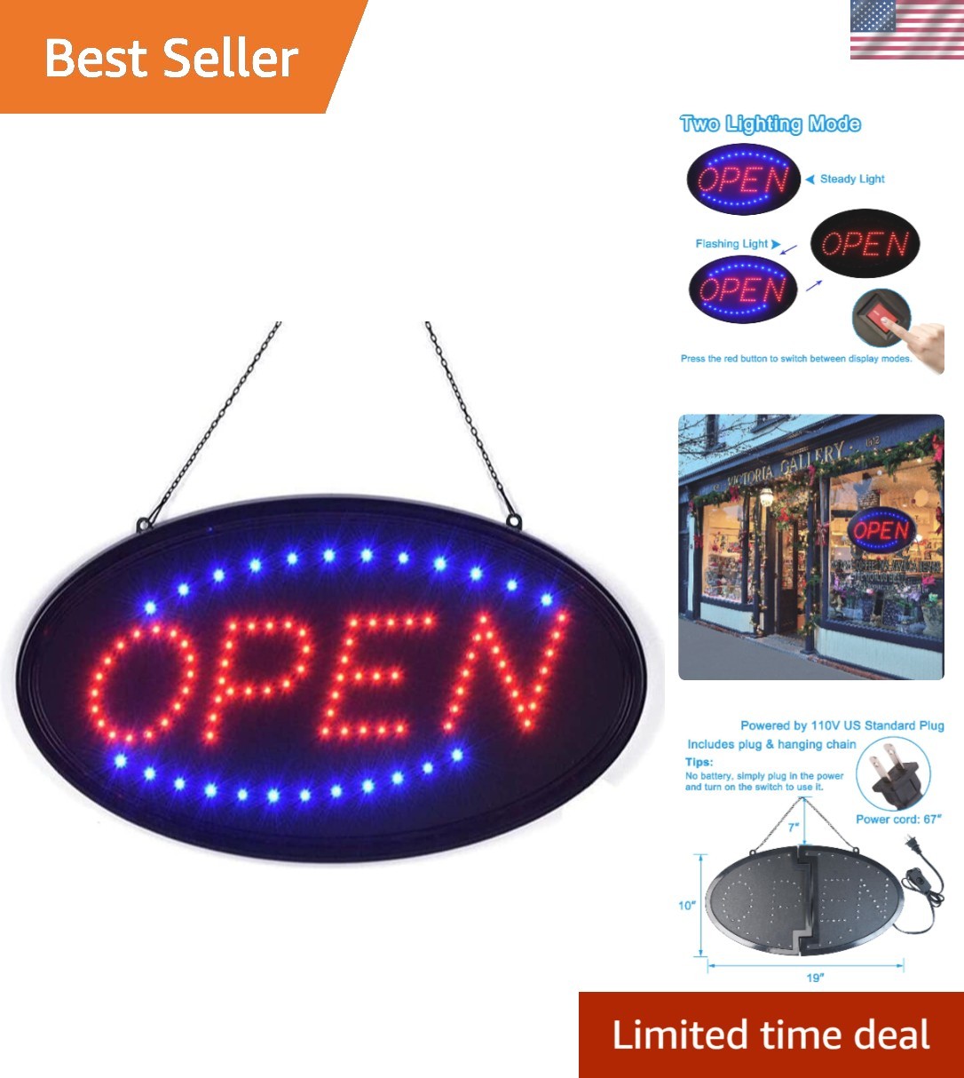 LED Open Sign, 19″x10″ Bright High Visibility Advertisement Board Electric Di…