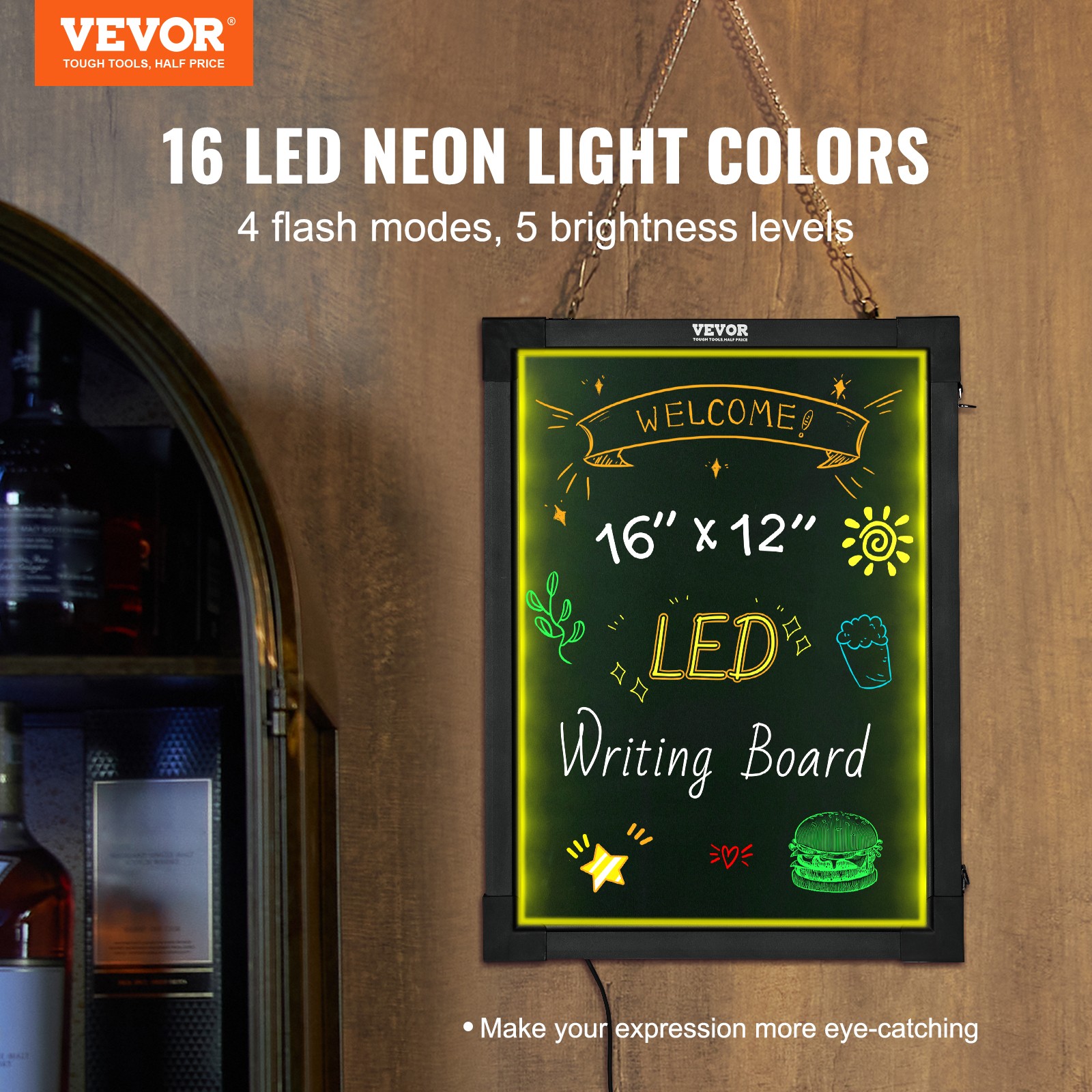VEVOR LED Message Writing Board 16″x12″ Illuminated Erasable Lighted Chalkboard