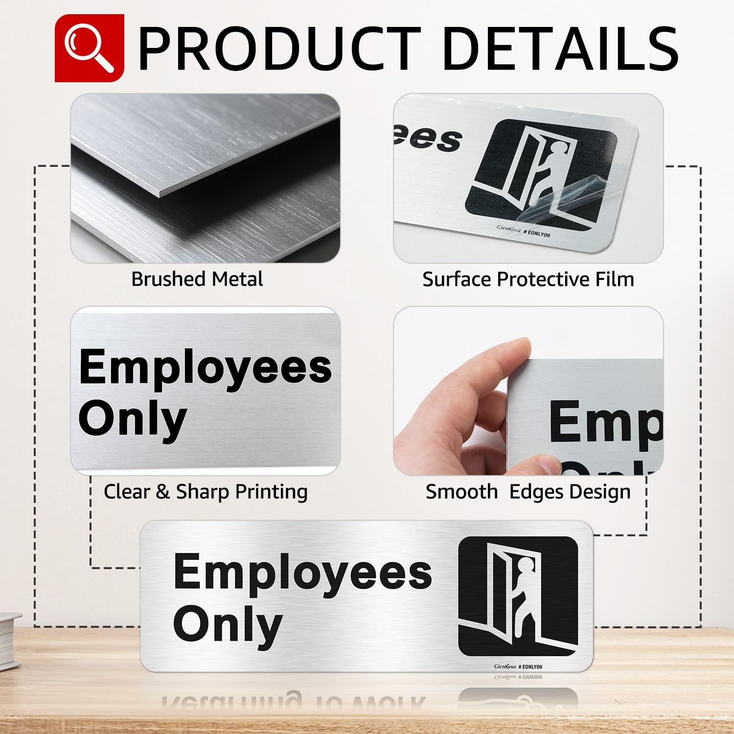 Employees Only Sign,9 X 3 Inches Information Sign with Symbols,Brushed Aluminum