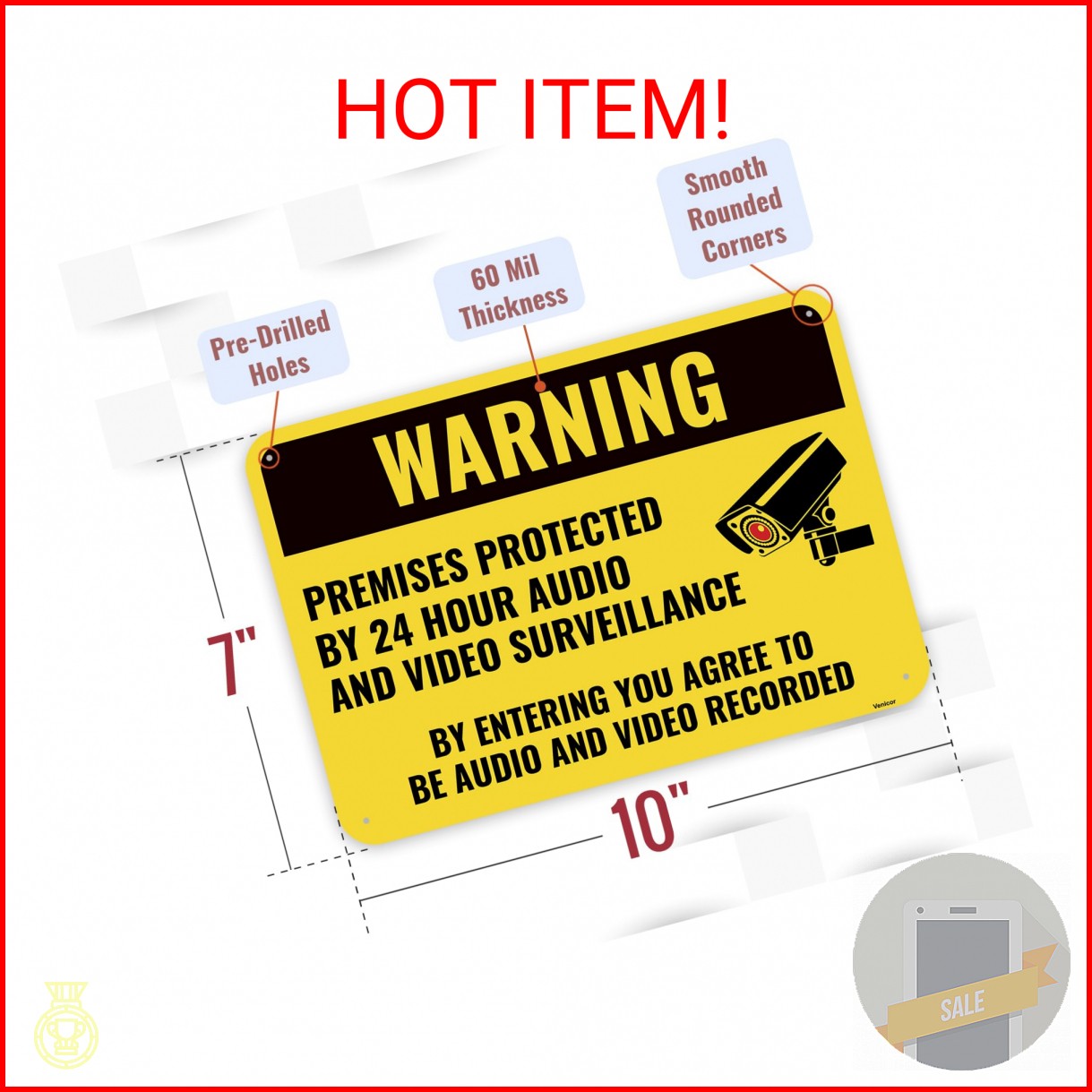 1PC Warning Video and Audio Surveillance Recording Sign, 10 x 7 Inches – Aluminu