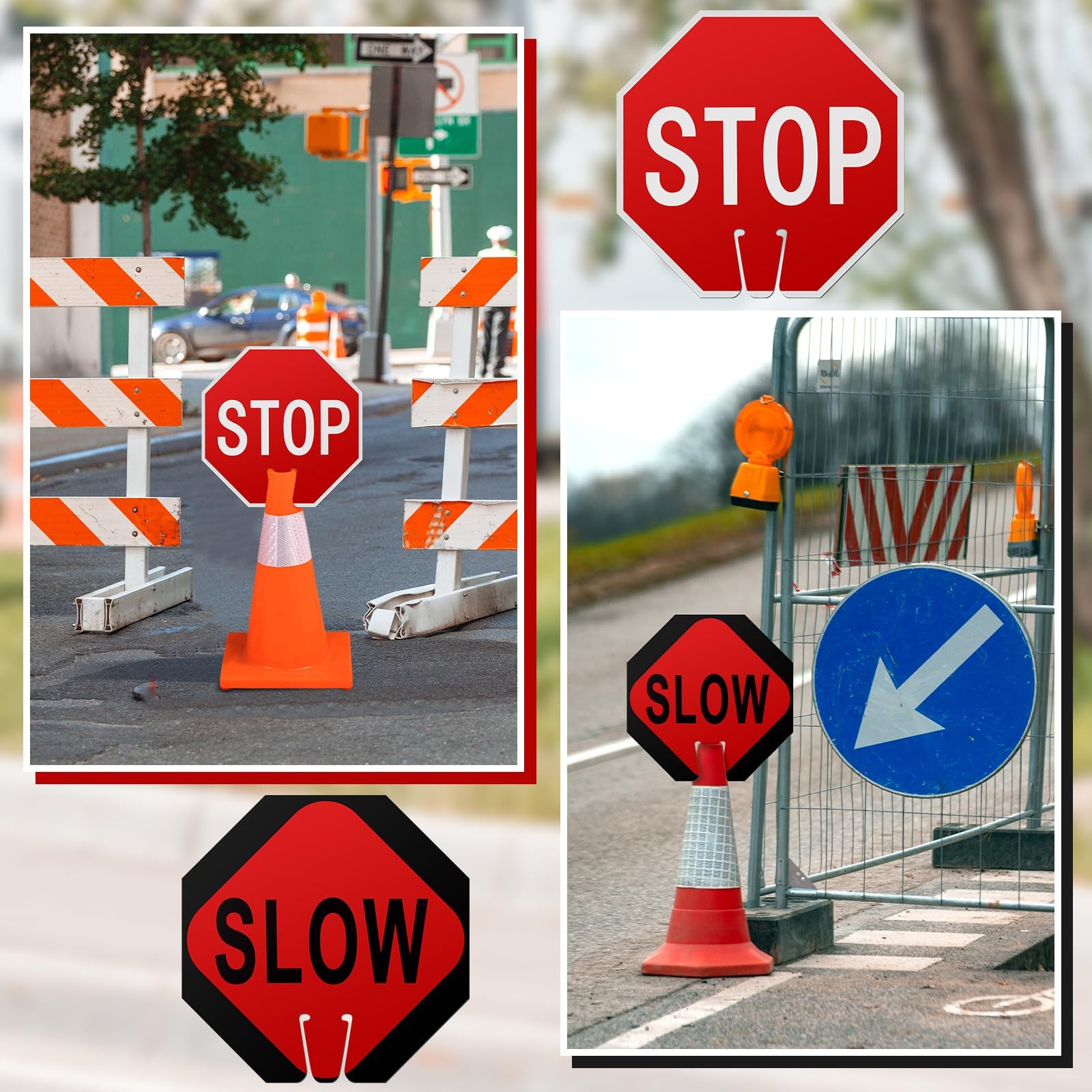 6 Pcs 12 x 12 Inches Traffic Cone Top Warning Signs Include PVC Stop and Slow
