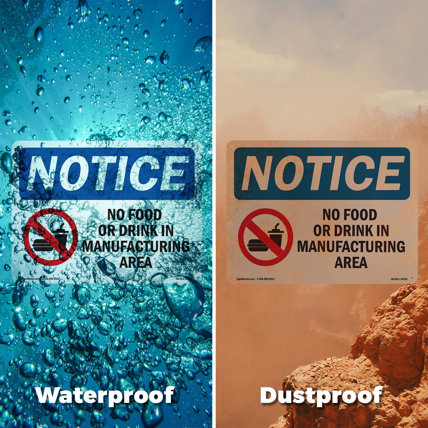 No Food Or Drink In Manufacturing Area OSHA Notice Sign Or Decal – 5 or 10 Pack