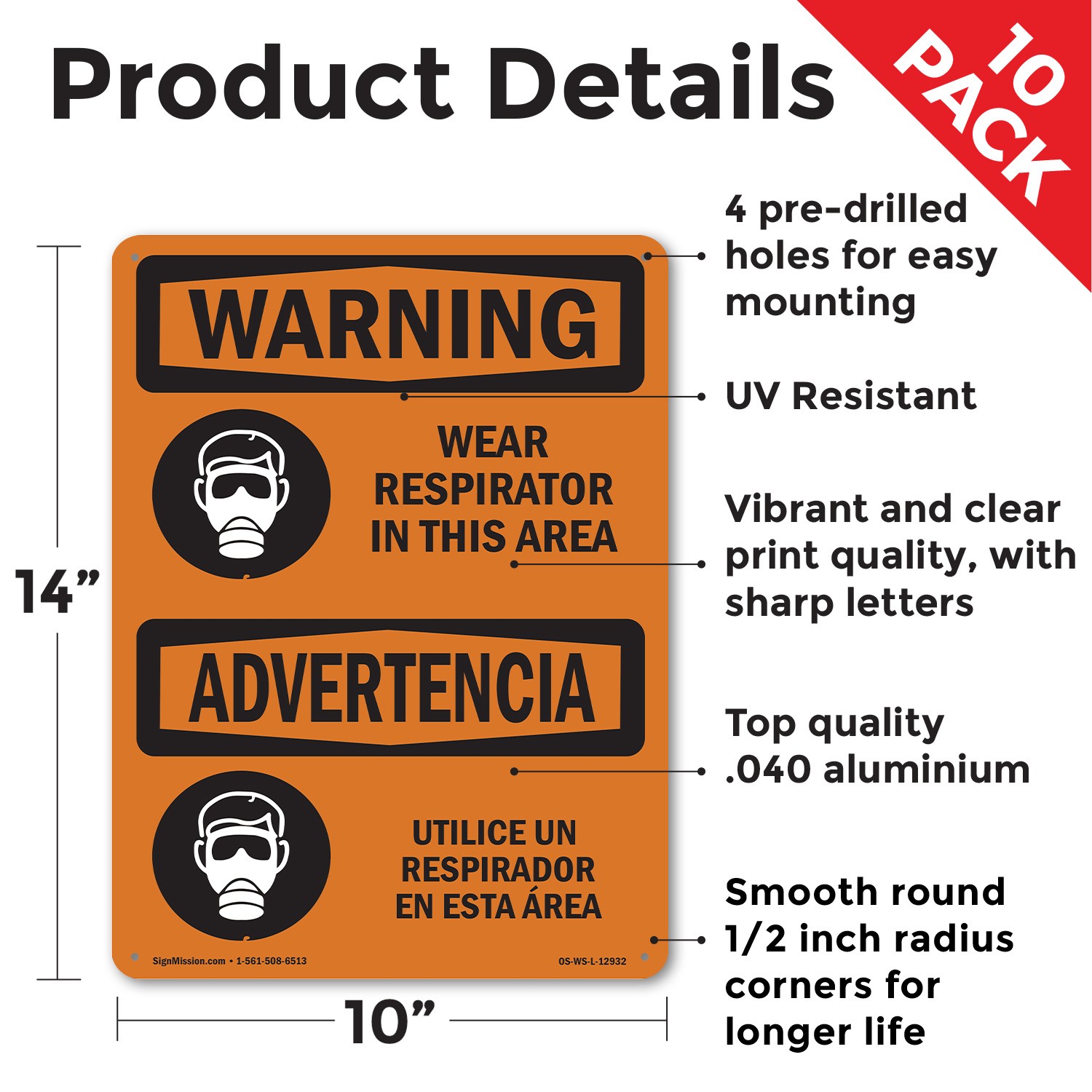Wear Respirator In This Area Bilingual OSHA WARNING Sign Or Decal – 5 or 10 Pack