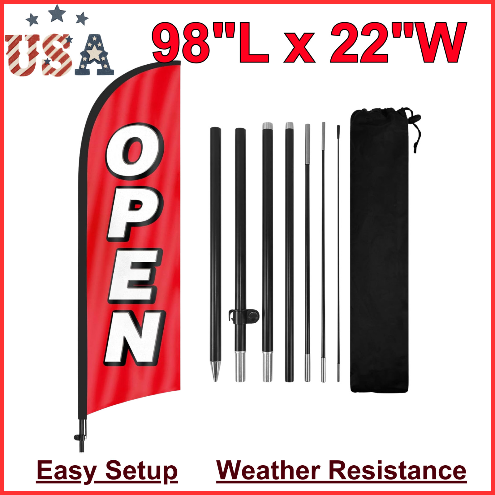 Feather Flag for Business with Pole and Ground Stake – 8ft Open Sign Advertising