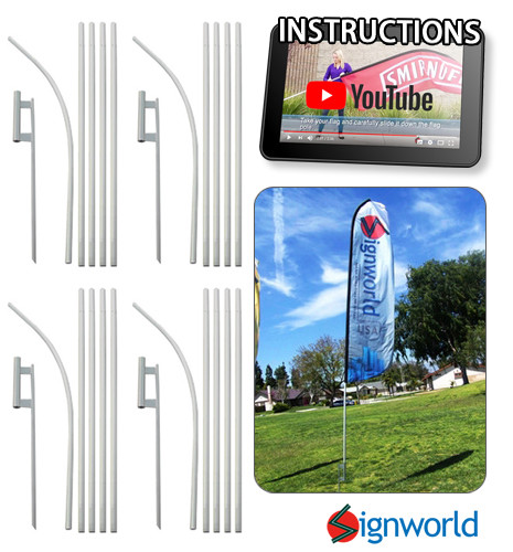 4 PACK – Feather Flutter Swooper Flag 16′ POLE + SPIKE Ground Stake Mount KIT