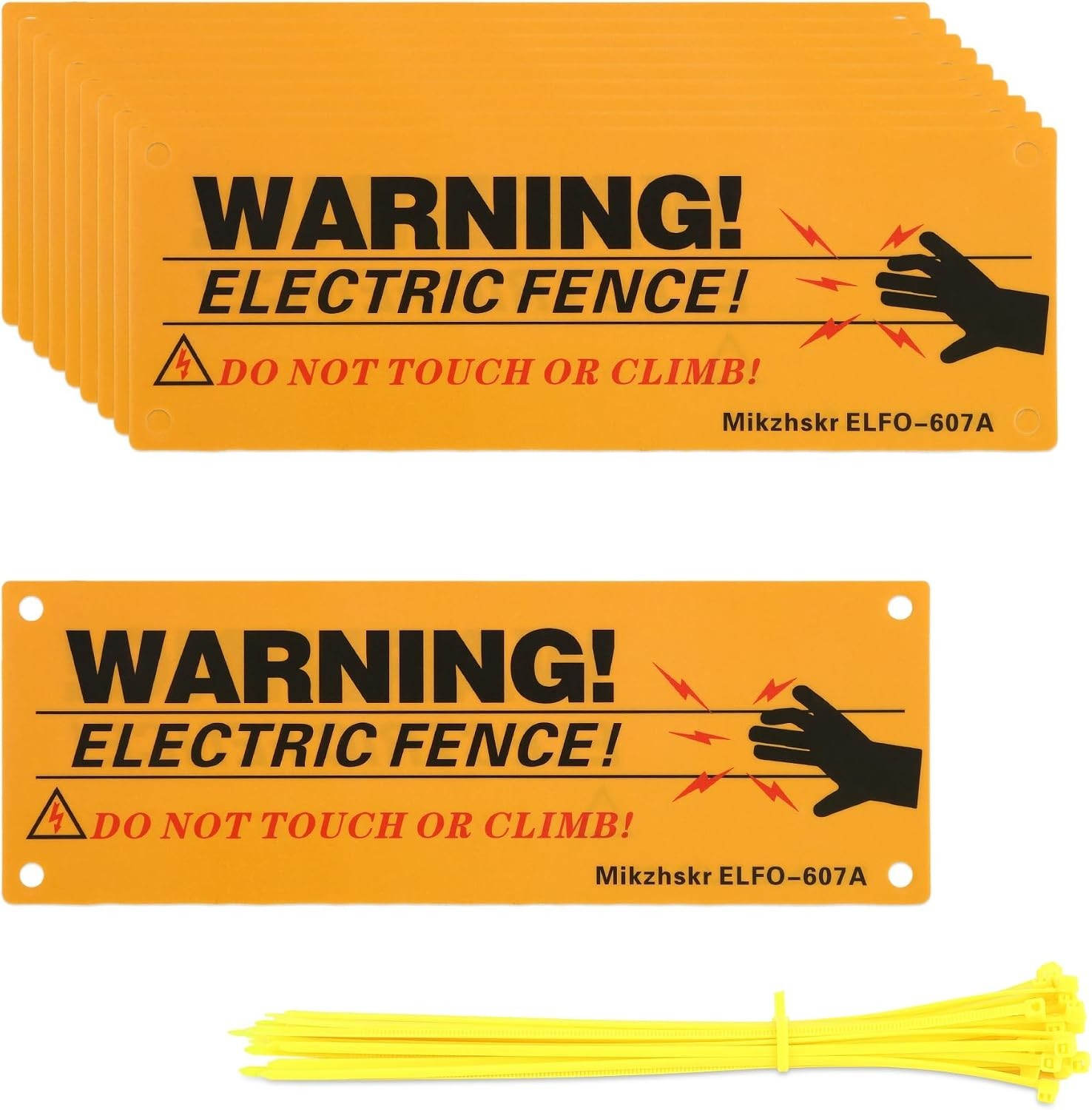 Electric Fence Warning Signs with Zip Ties 10 x 3.5 Inch Plastic Yellow Elect…
