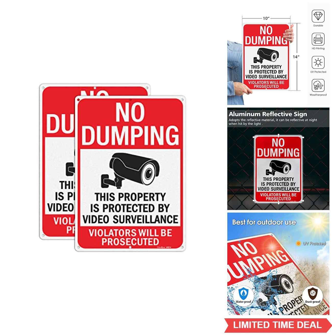 14×10 Inches No Dumping Signs Video Surveillance Reflective Aluminum 2 Pack