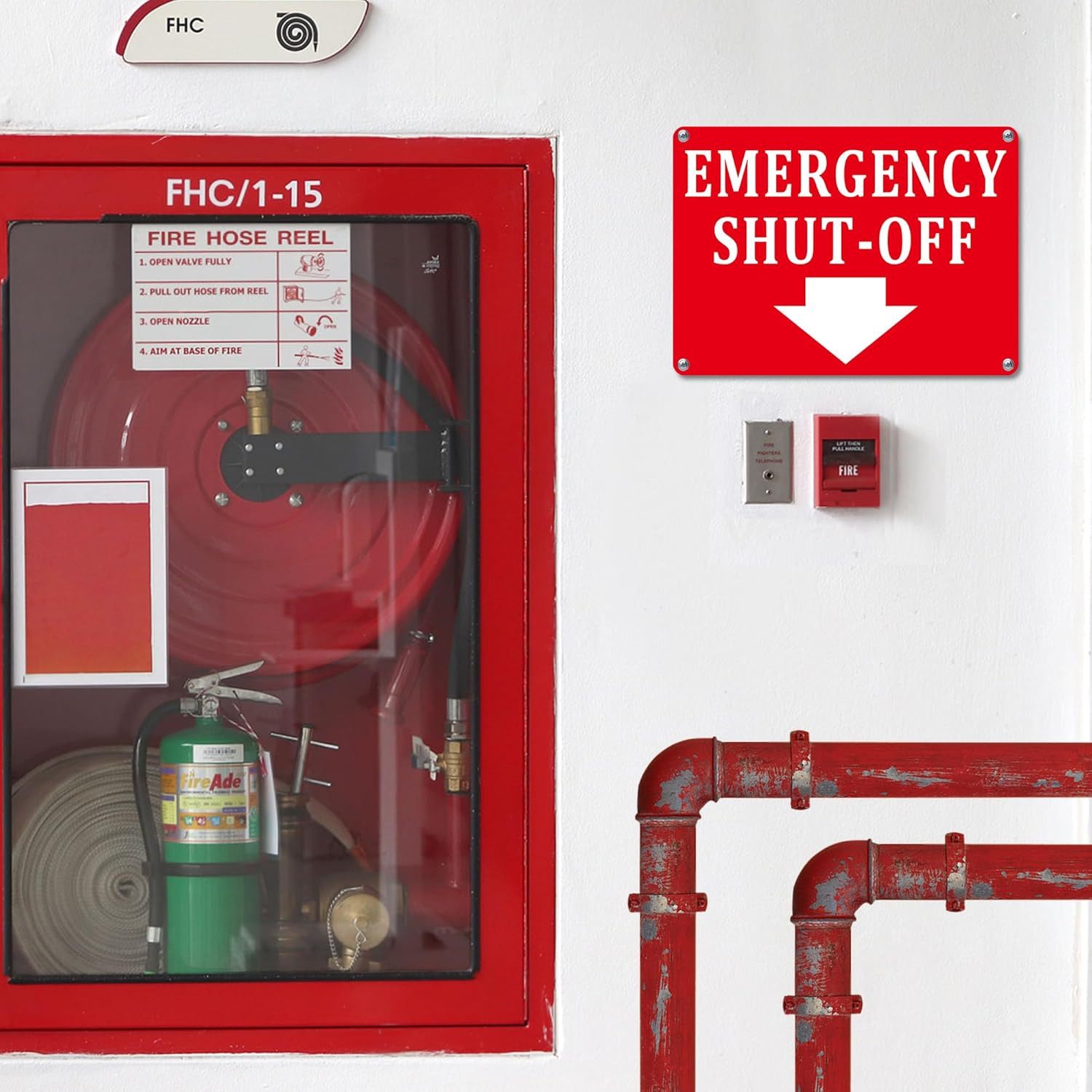(2 Pack) Aluminum Emergency Shut-Off Sign, Emergency Shut-Off Signs with Down Ar