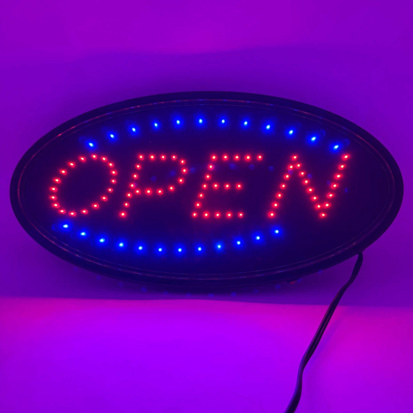 Animated LED Open Sign Oval Blue Red Flashing Business Storefront 25x48cm AC