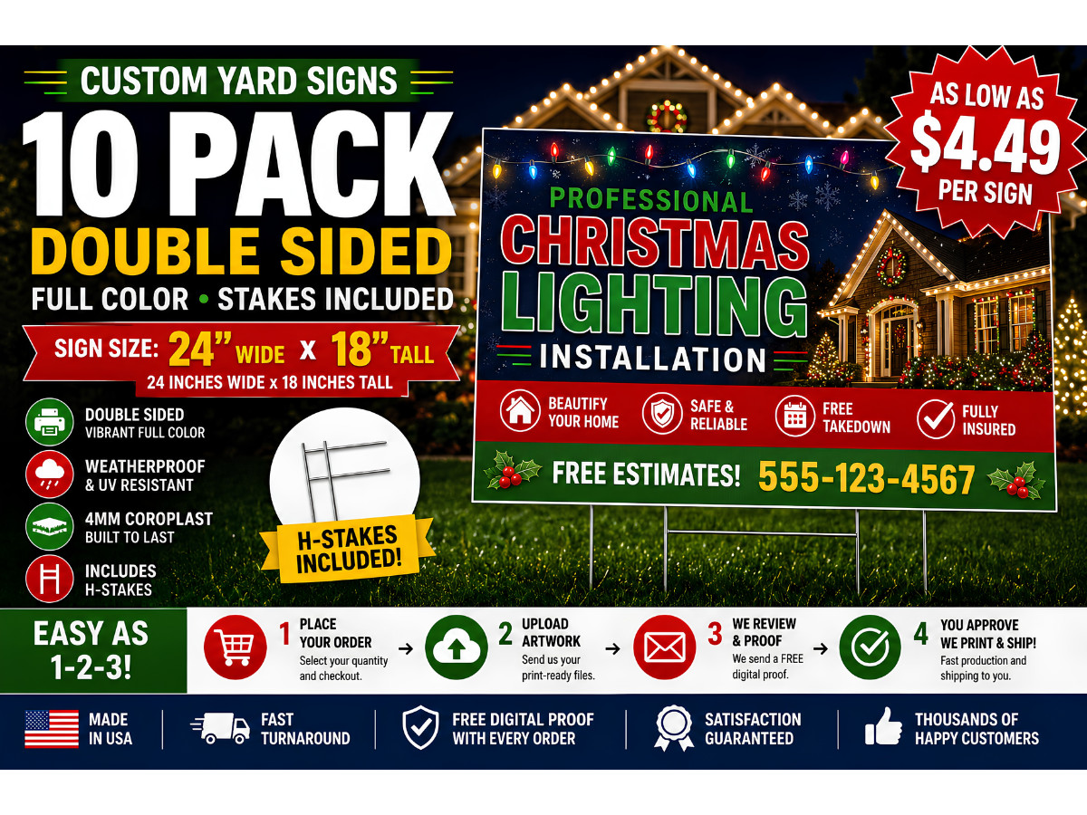 10 Pack Custom Yard Signs 18×24 Double Sided Full Color w/ H-Stakes Business