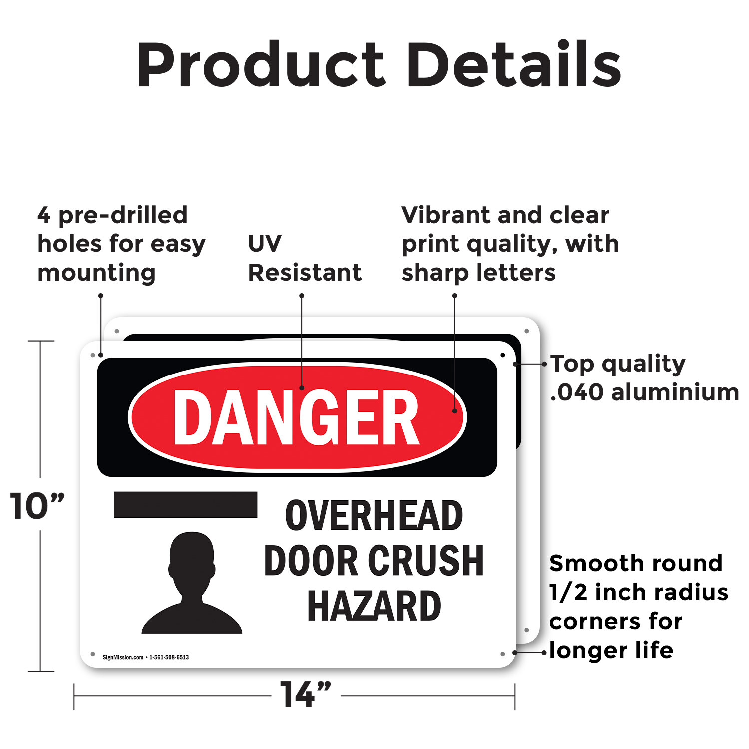 (2 Pack) Overhead Door Crush Hazard OSHA Danger Sign Decal Metal Plastic
