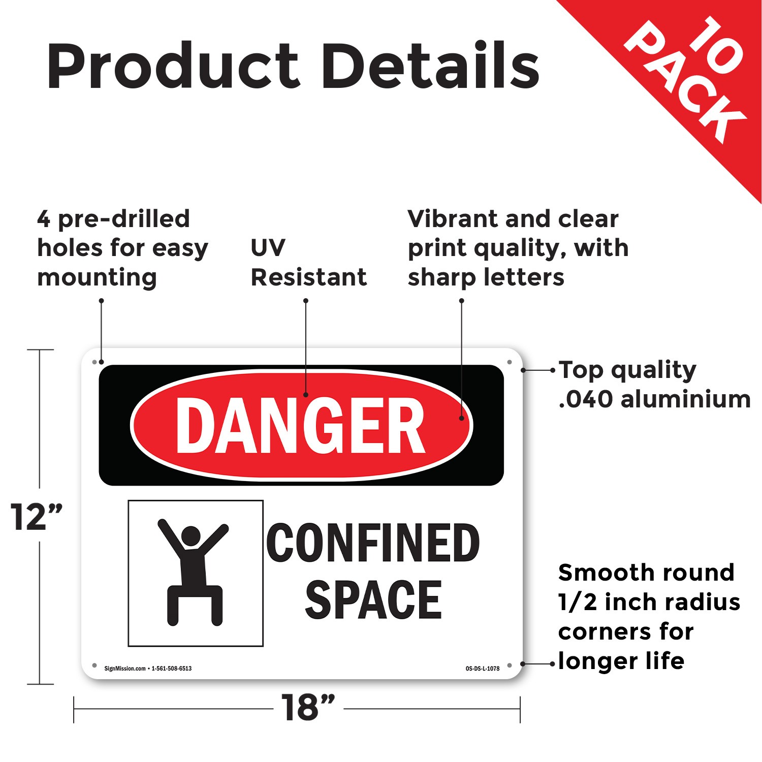 Confined Space OSHA Danger Sign Metal, Plastic, Or Decal – 5 or 10 Pack