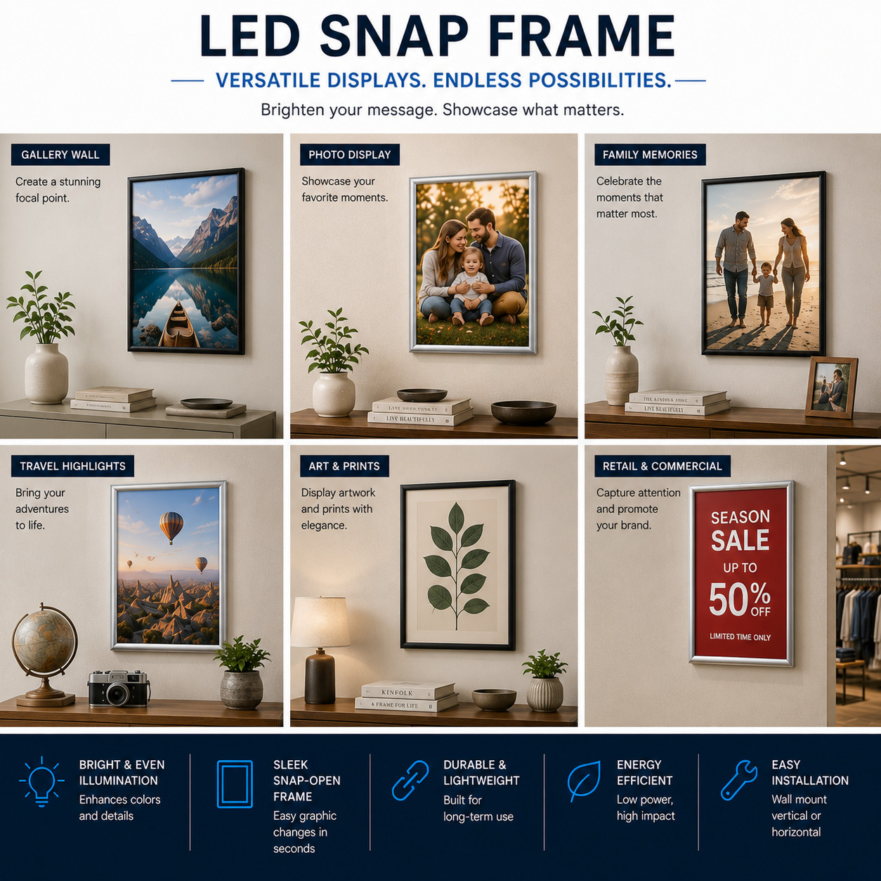 LED Illuminated Photo Frame, Black or Silver, Gallery Wall Display