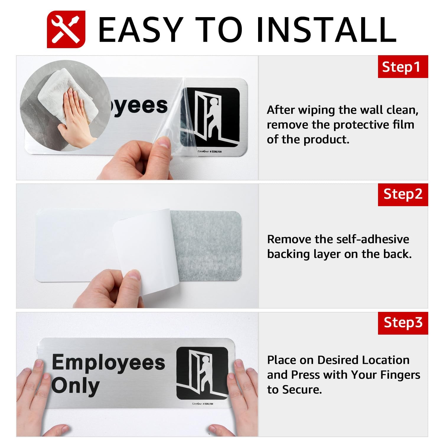 Employees Only Sign,9 X 3 Inches Information Sign with Symbols,Brushed Aluminum